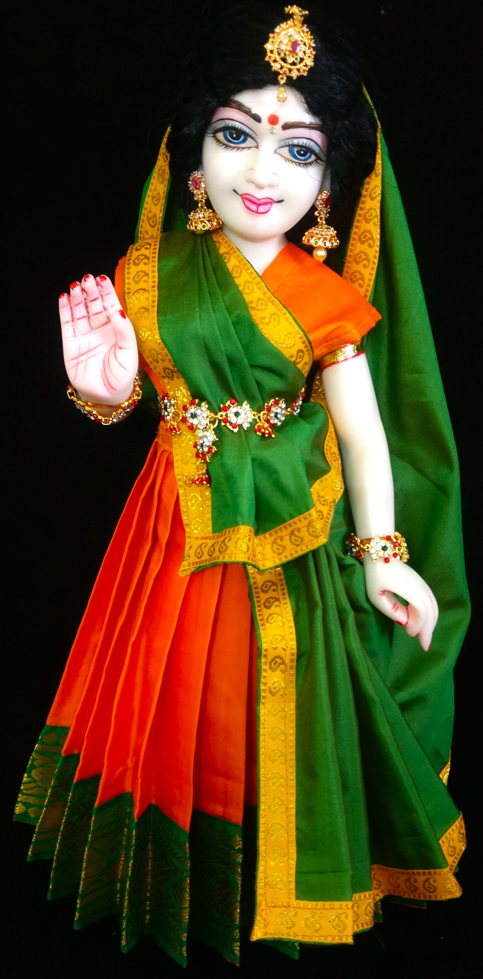Deity half saree / lehenga patka made of Plain Silk (Not Pure Silk) - Orange Saree with Green border and Green Dupatta 2