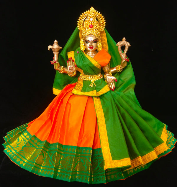 Deity half saree / lehenga patka made of Plain Silk (Not Pure Silk) - Orange Saree with Green border and Green Dupatta
