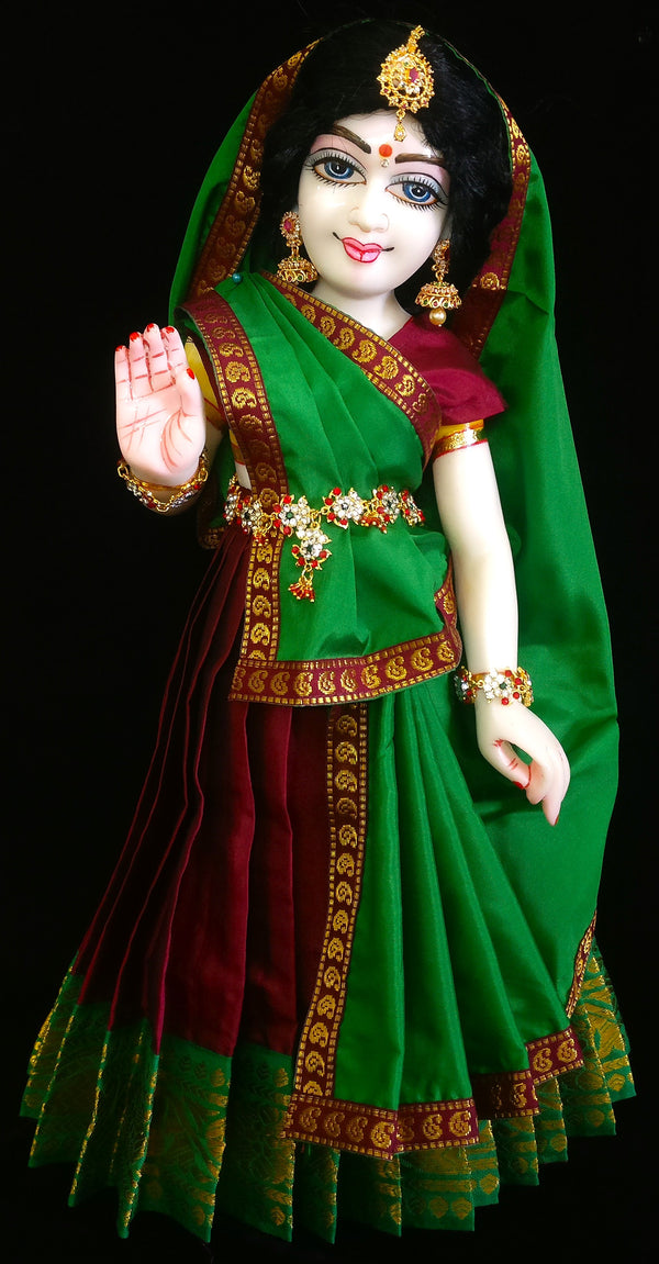 Deity half saree / lehenga patka made of Plain Silk (Not Pure Silk) - Maroon Saree with Green border and Green Dupatta