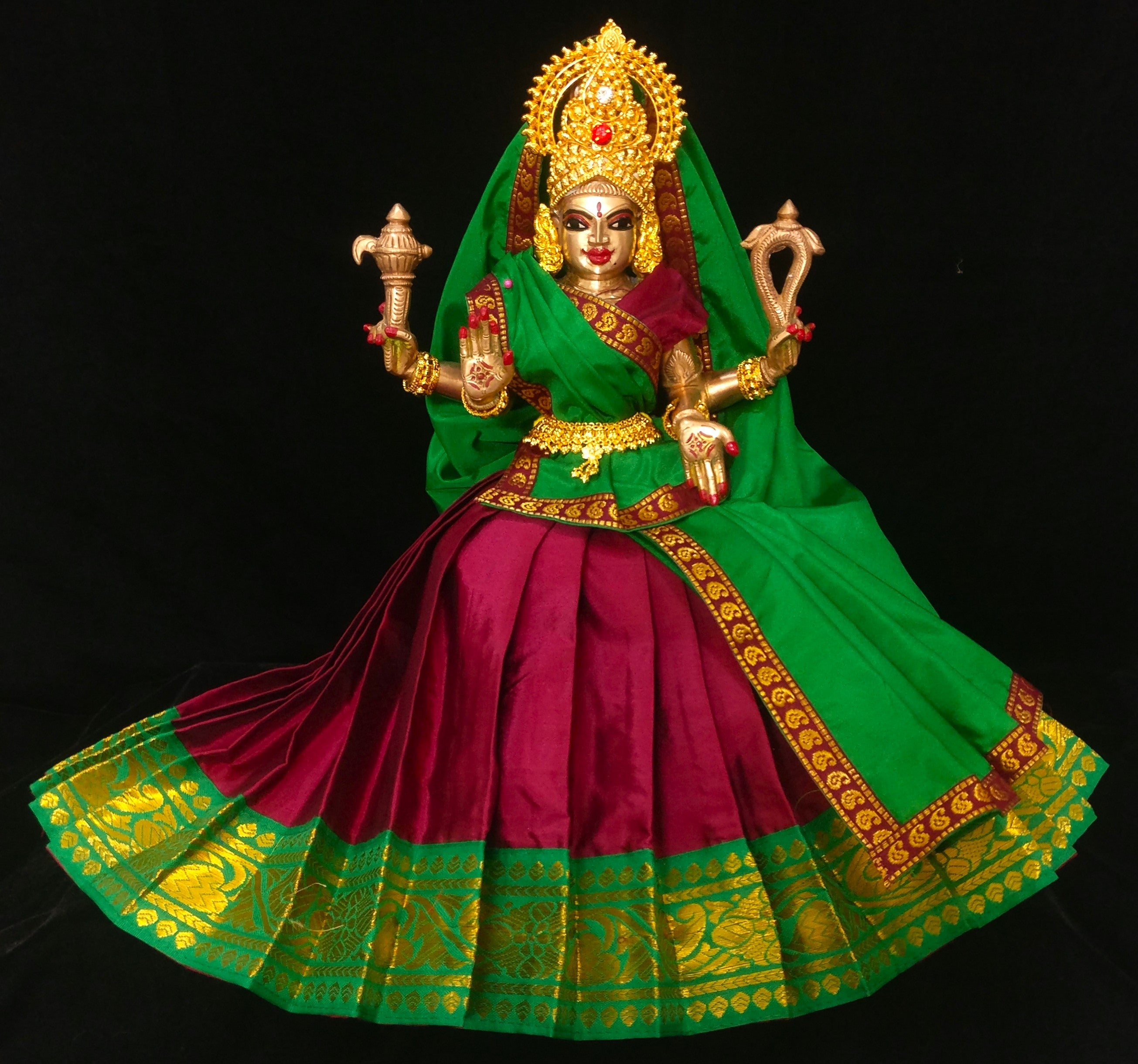 Deity half saree / lehenga patka made of Plain Silk (Not Pure Silk) - Maroon Saree with Green border and Green Dupatta 2