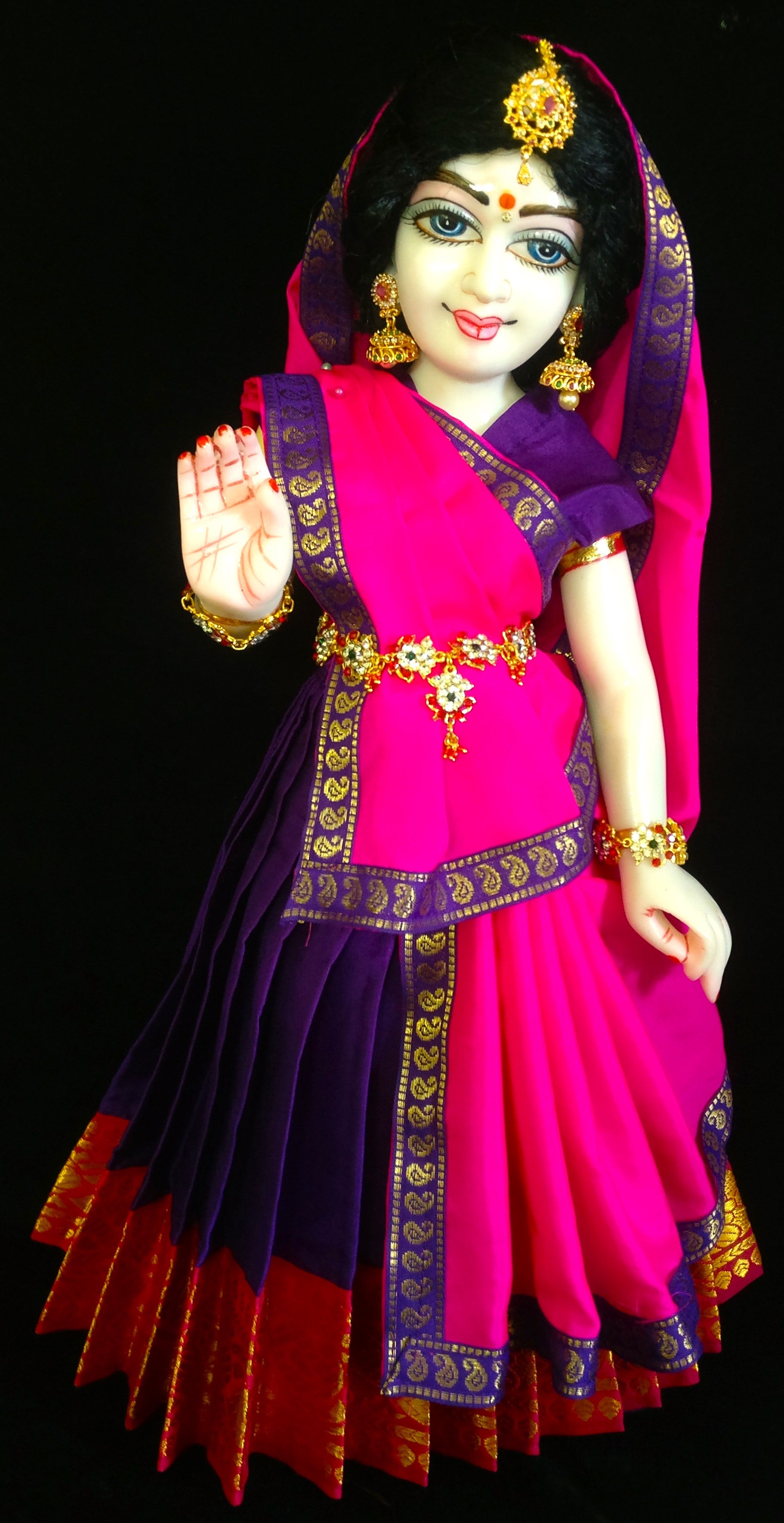 Deity half saree / lehenga patka made of Plain Silk (Not Pure Silk) - Purple Saree with Rani Pink border and Rani Pink Dupatta 2
