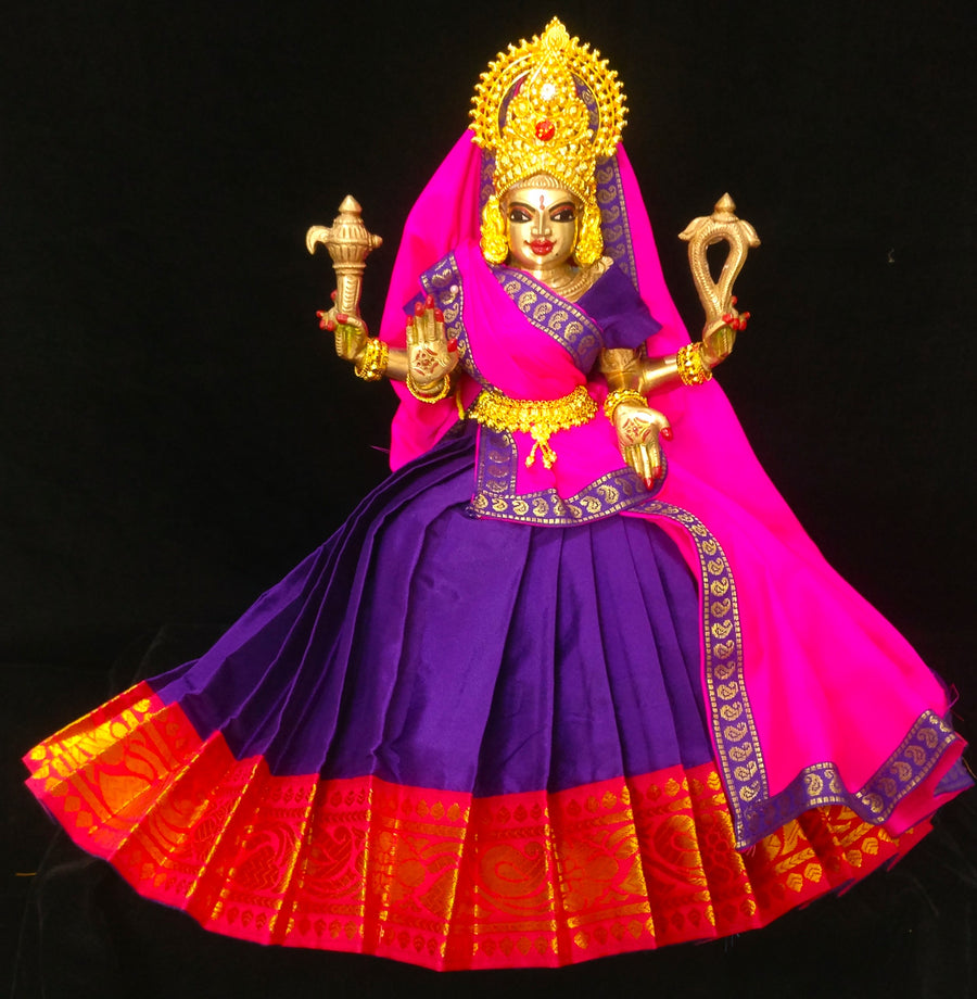 Deity half saree / lehenga patka made of Plain Silk (Not Pure Silk) - Purple Saree with Rani Pink border and Rani Pink Dupatta