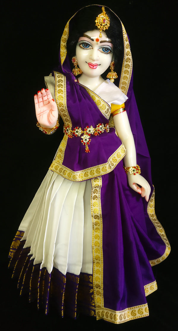 Deity half saree / lehenga patka made of Plain Silk (Not Pure Silk) - White  Saree with Purple border and Purple Dupatta