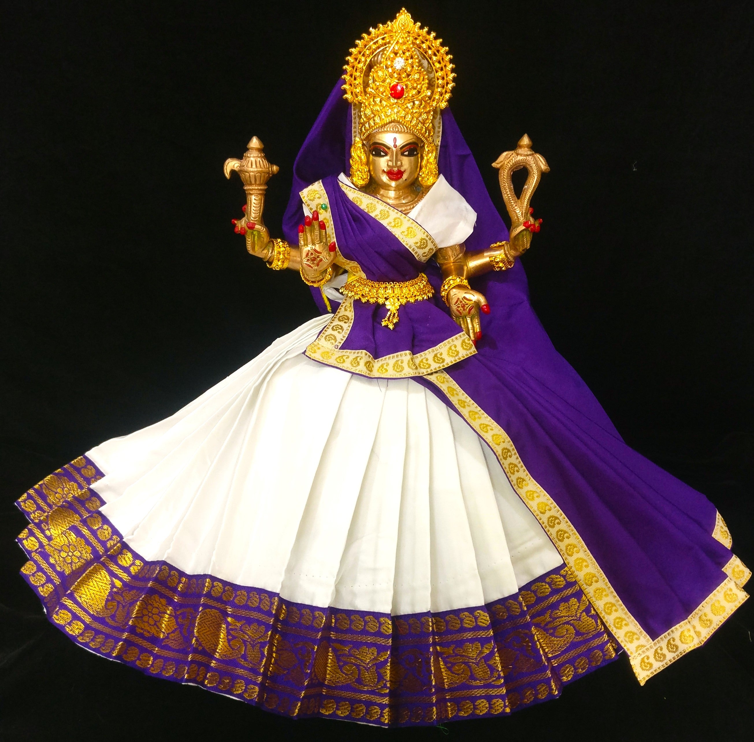 Deity half saree / lehenga patka made of Plain Silk (Not Pure Silk) - White Saree with Purple border and Purple Dupatta 2