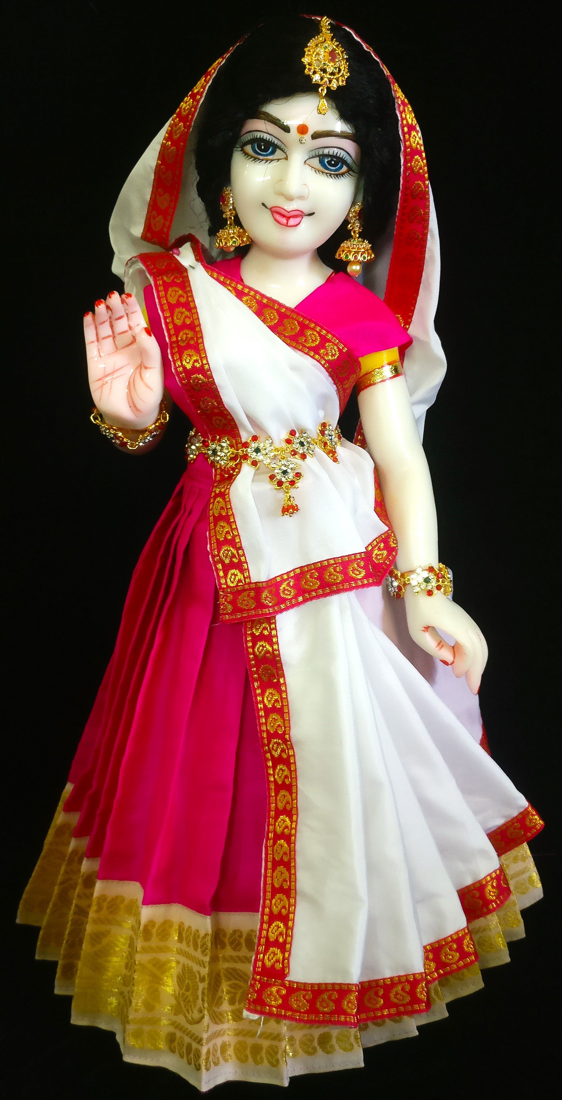 Deity half saree / lehenga patka made of Plain Silk (Not Pure Silk) - Pink Saree with White border and White Dupatta 2
