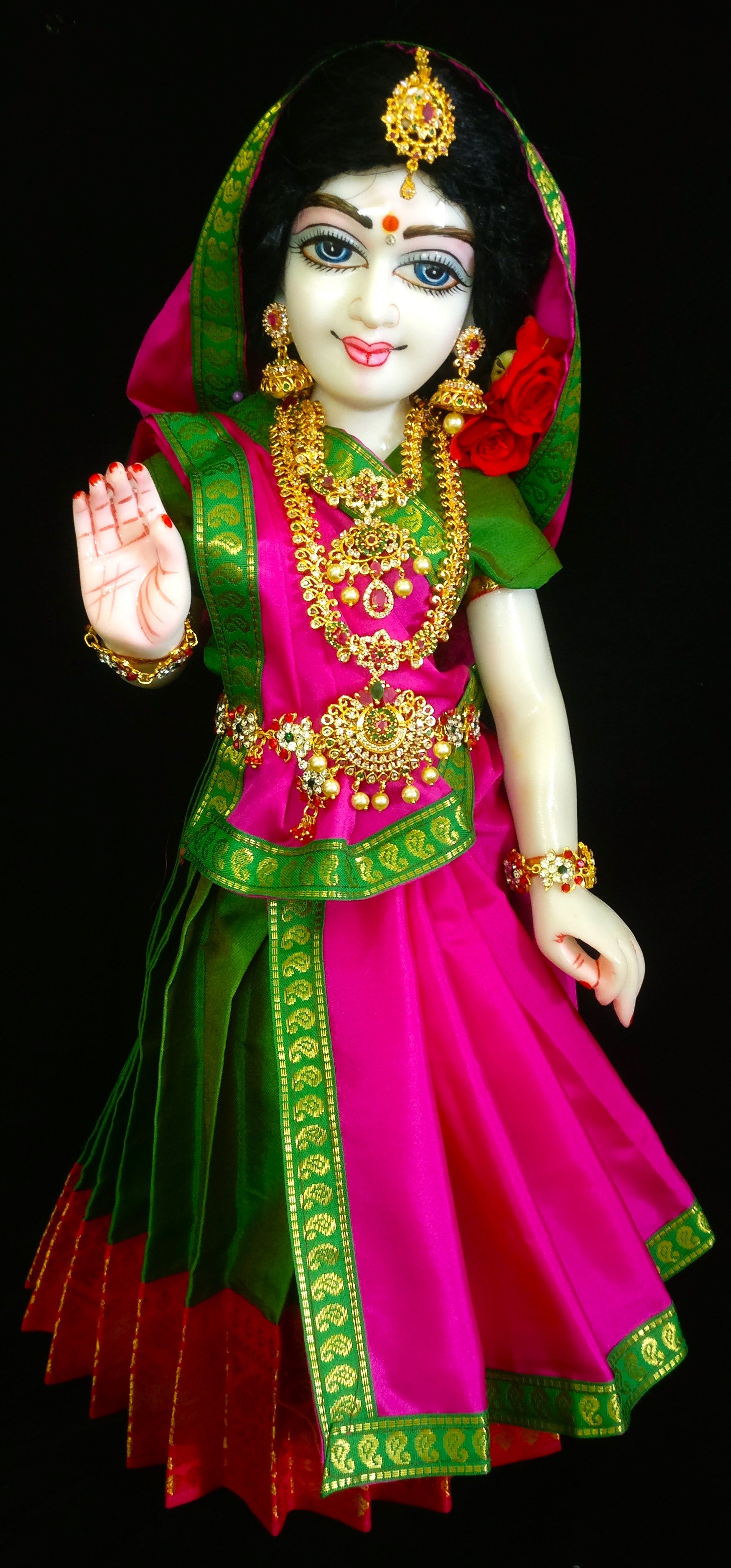 Deity half saree / lehenga patka made of Plain Silk (Not Pure Silk) - Green Saree with Pink border and Pink Dupatta 2