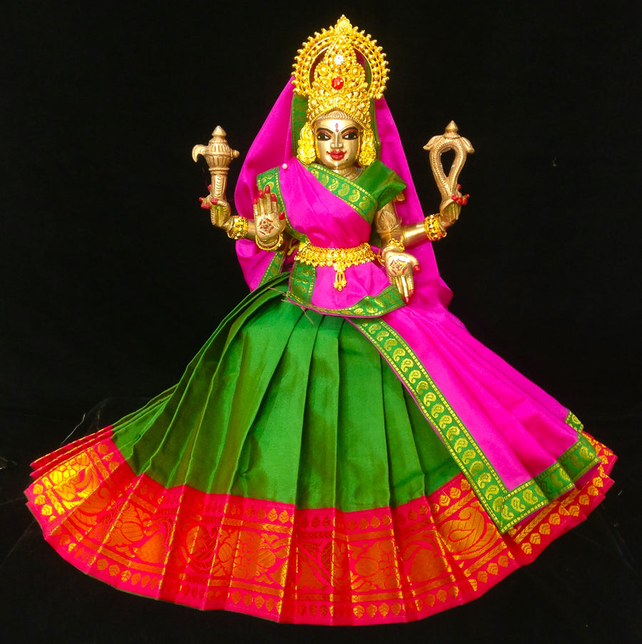 Deity half saree / lehenga patka made of Plain Silk (Not Pure Silk) - Green Saree with Pink border and Pink Dupatta