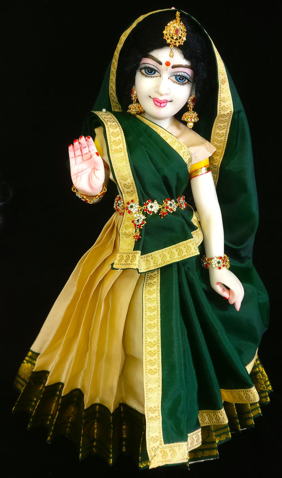 Deity half saree / lehenga patka made of Plain Silk (Not Pure Silk) - Off White Saree with Bottle Green border and Bottle Green Dupatta
