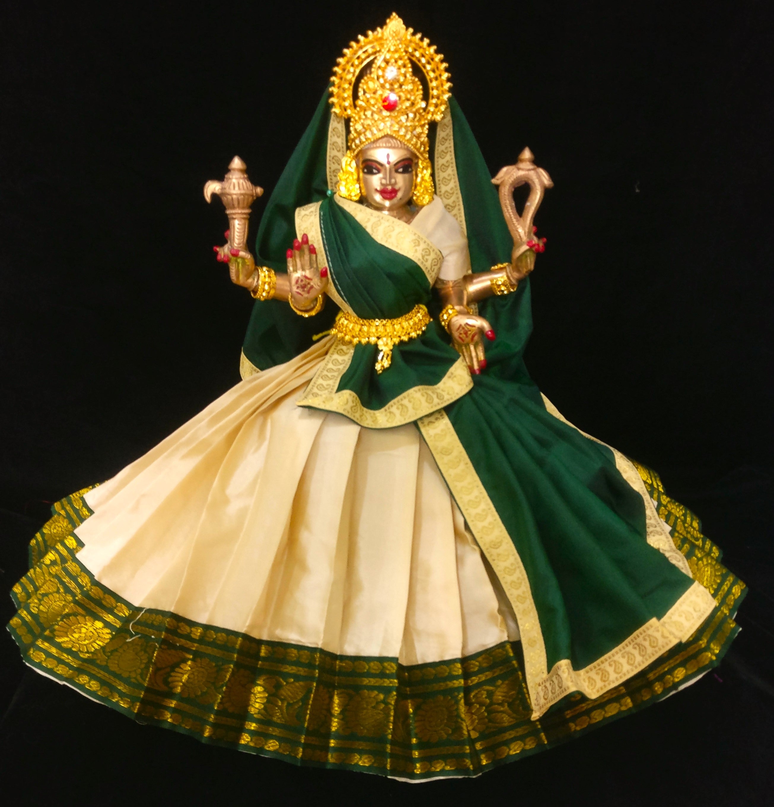 Deity half saree / lehenga patka made of Plain Silk (Not Pure Silk) - Off White Saree with Bottle Green border and Bottle Green Dupatta 2