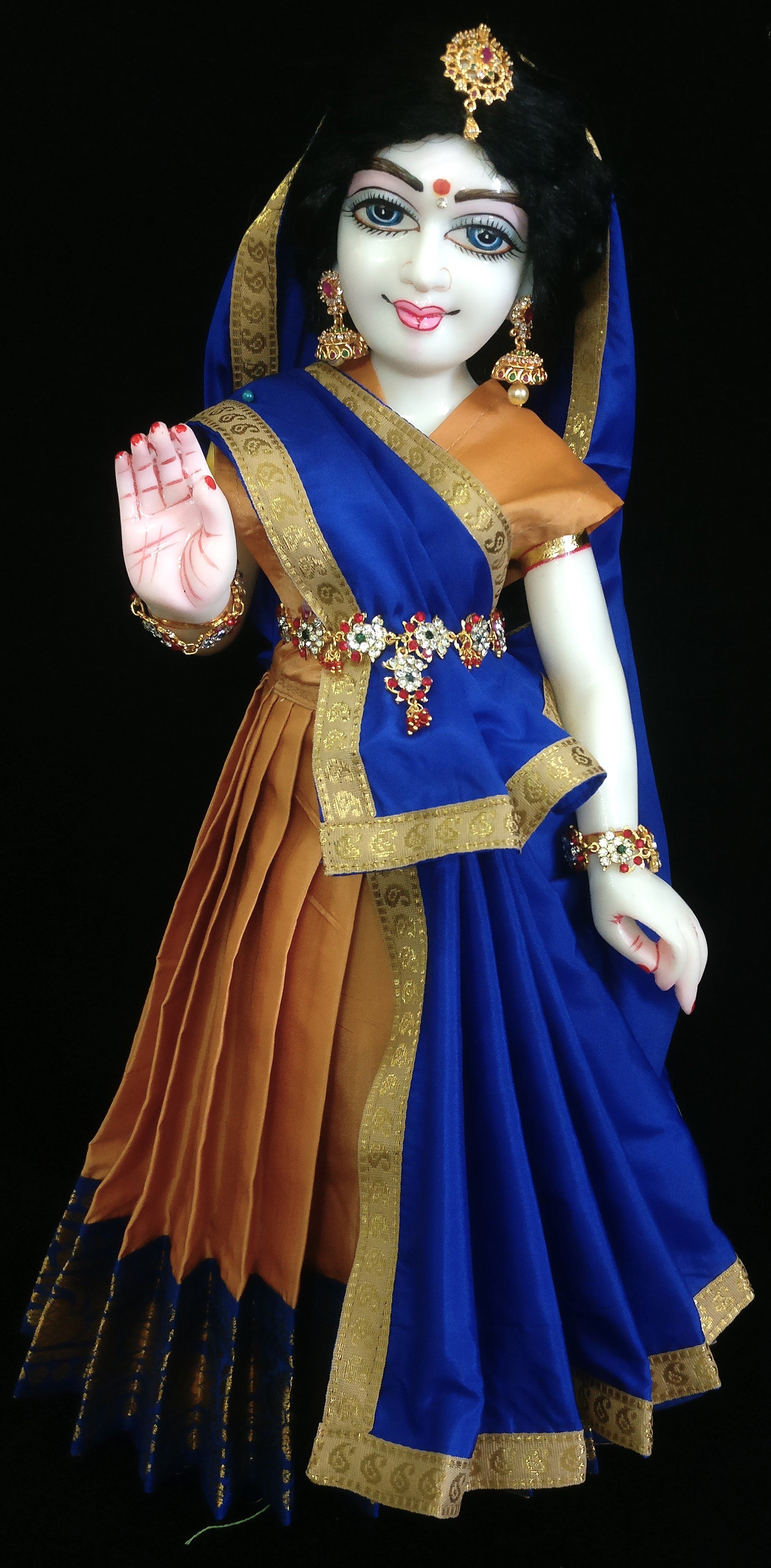 Deity half saree / lehenga patka made of Plain Silk (Not Pure Silk) - Mustard Saree with Blue border and Blue Dupatta 2