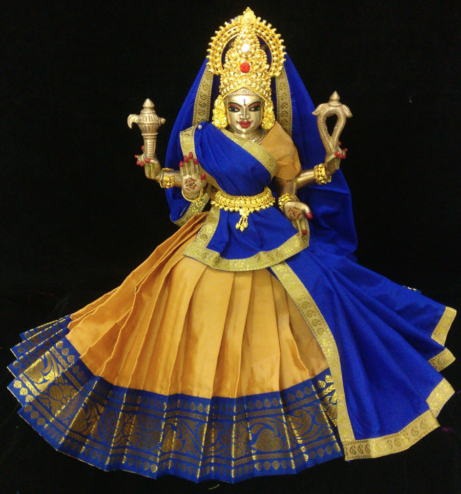 Deity half saree / lehenga patka made of Plain Silk (Not Pure Silk) - Mustard Saree with Blue border and Blue Dupatta