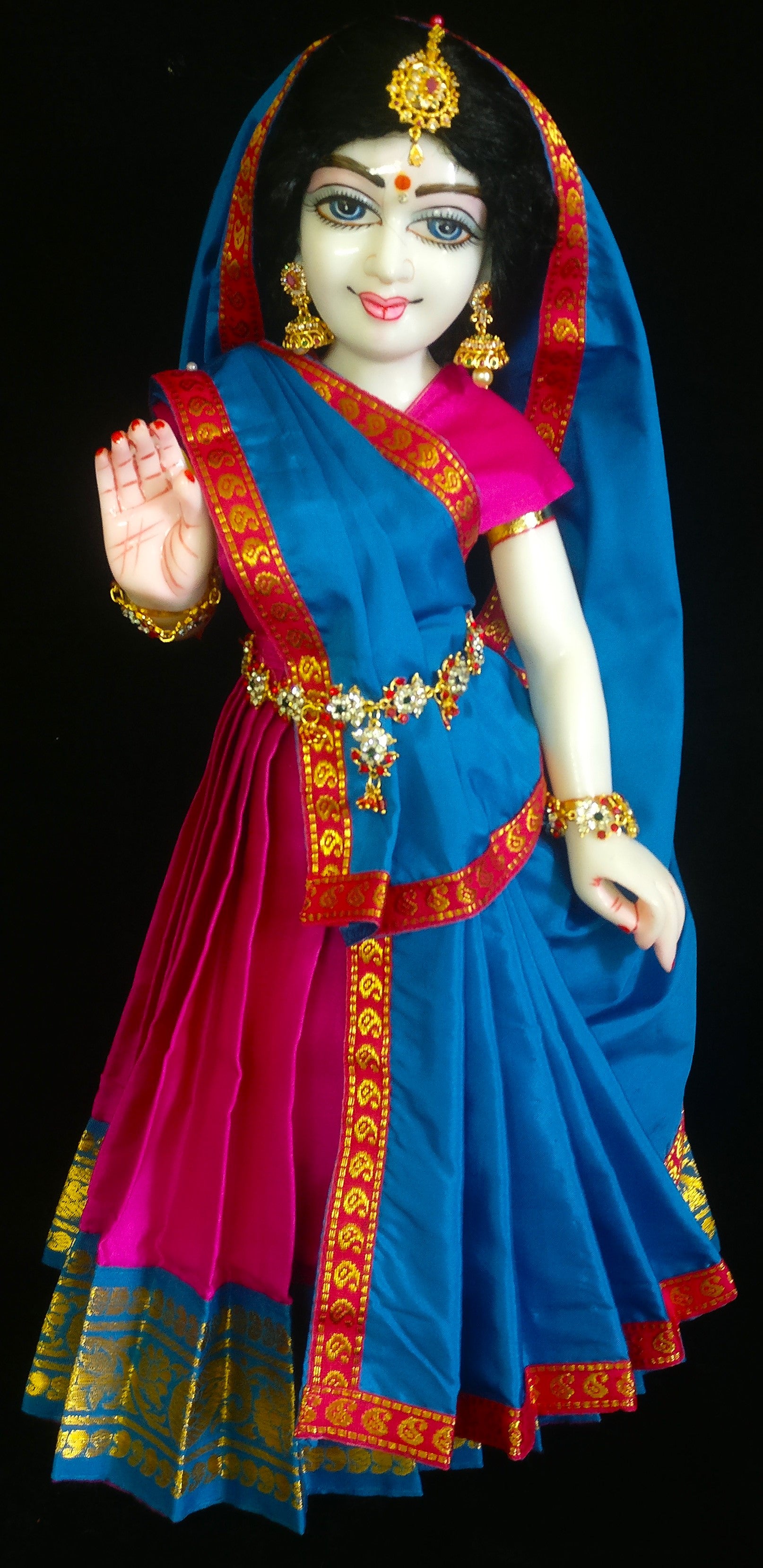 Deity half saree / lehenga patka made of Plain Silk (Not Pure Silk) - Pink Saree with Sky Blue border and Sky Blue Dupatta 2