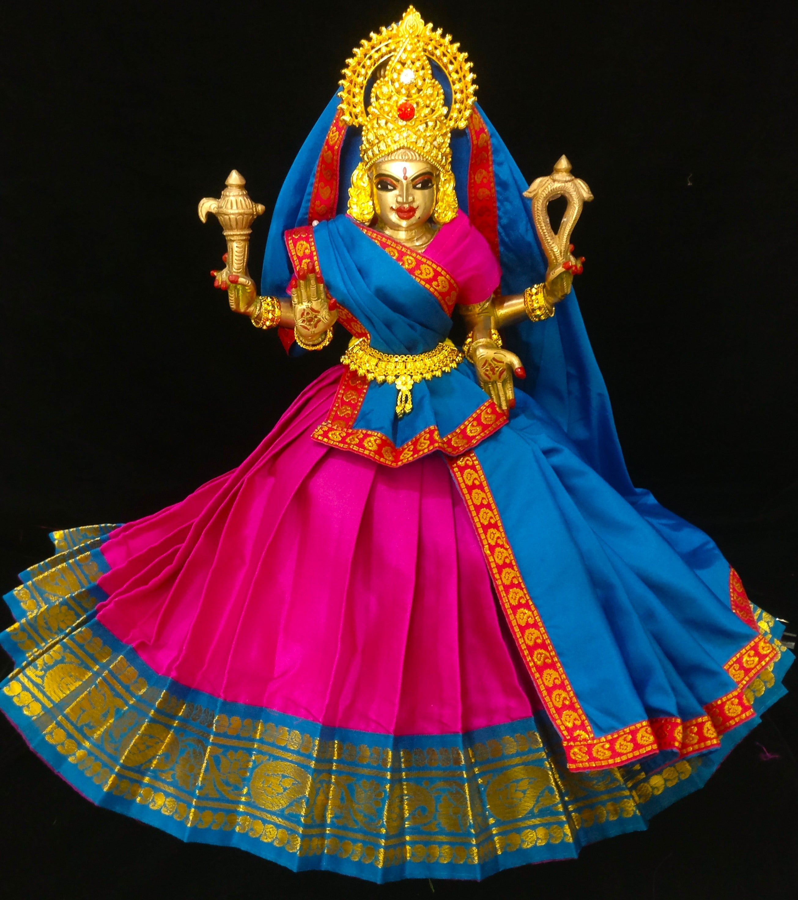 Deity half saree / lehenga patka made of Plain Silk (Not Pure Silk) - Pink Saree with Sky Blue border and Sky Blue Dupatta 1