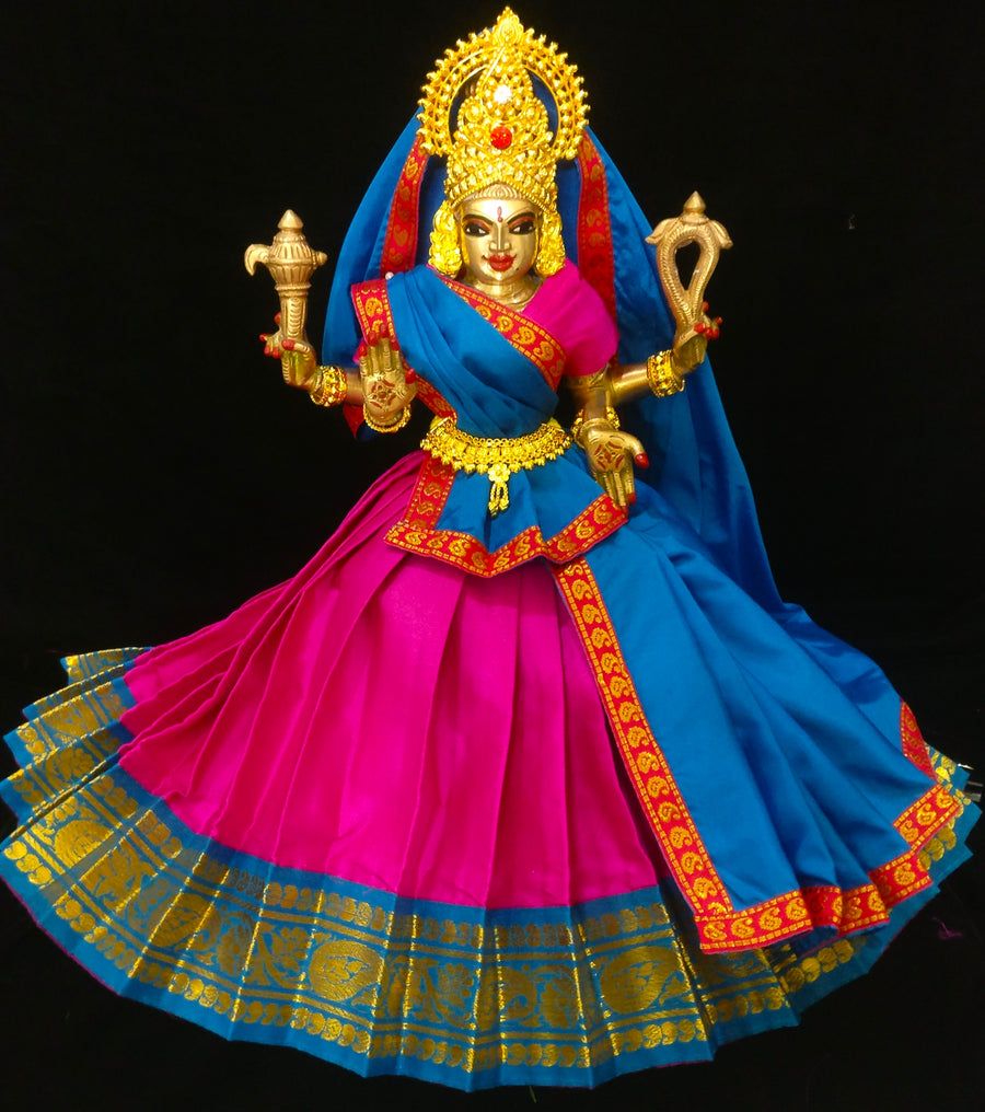 Deity half saree / lehenga patka made of Plain Silk (Not Pure Silk) - Pink Saree with Sky Blue border and Sky Blue Dupatta