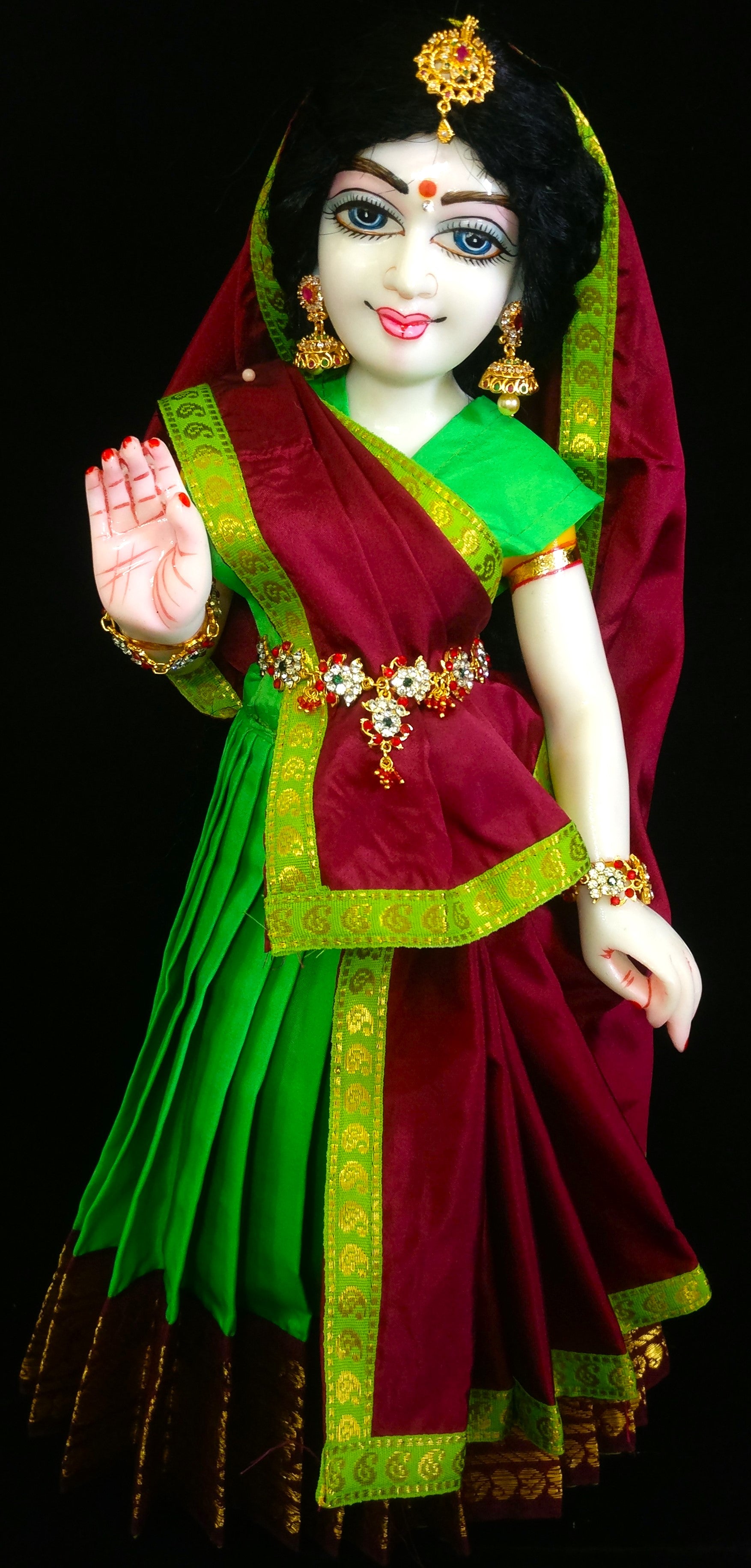 Deity half saree / lehenga patka made of Plain Silk (Not Pure Silk) - Parrot Green Saree with Chocolate Brown border and Chocolate Brown Dupatta 2