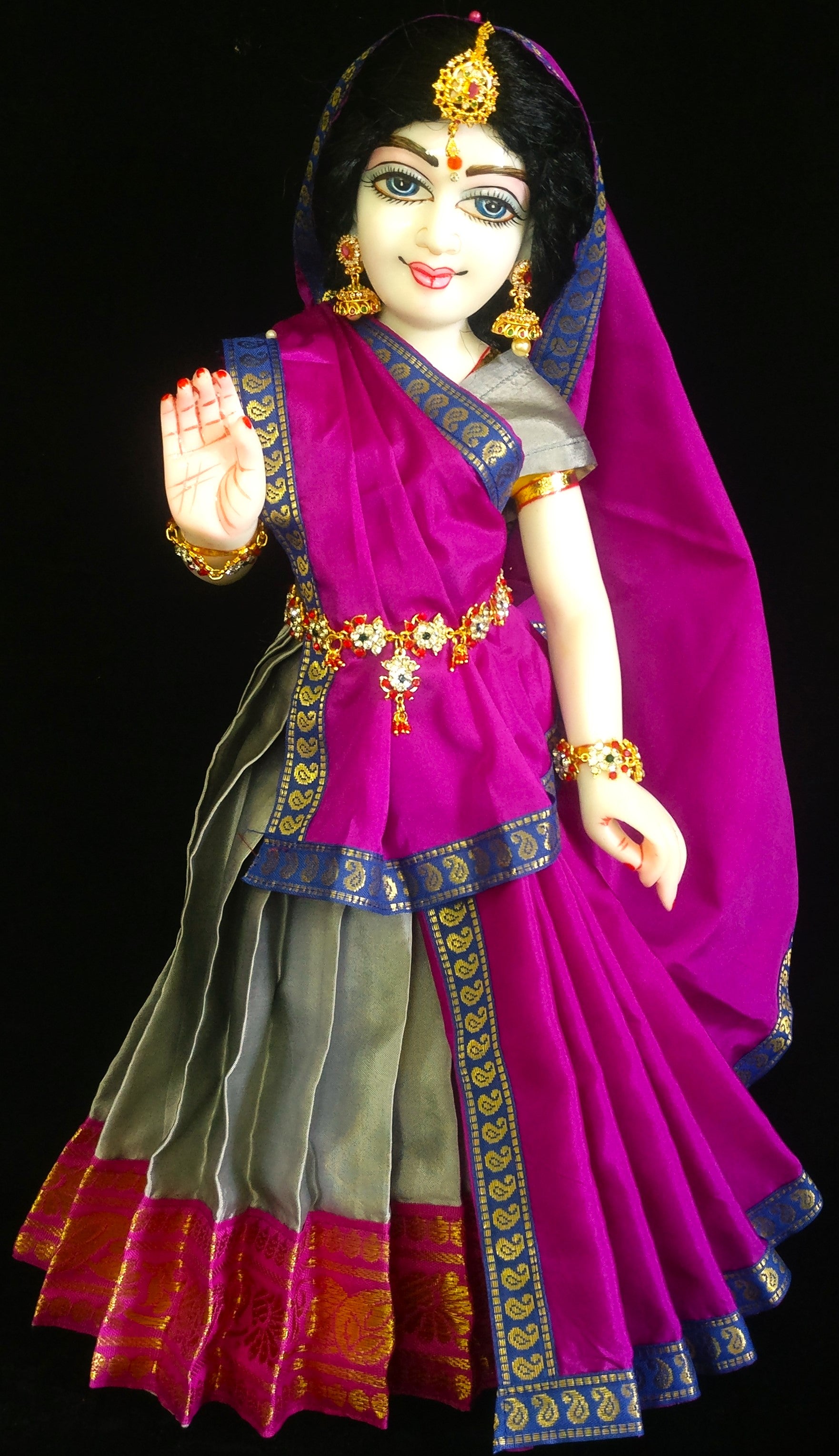 Deity half saree / lehenga patka made of Plain Silk (Not Pure Silk) - Grey Saree with Pink border and Pink Dupatta 2