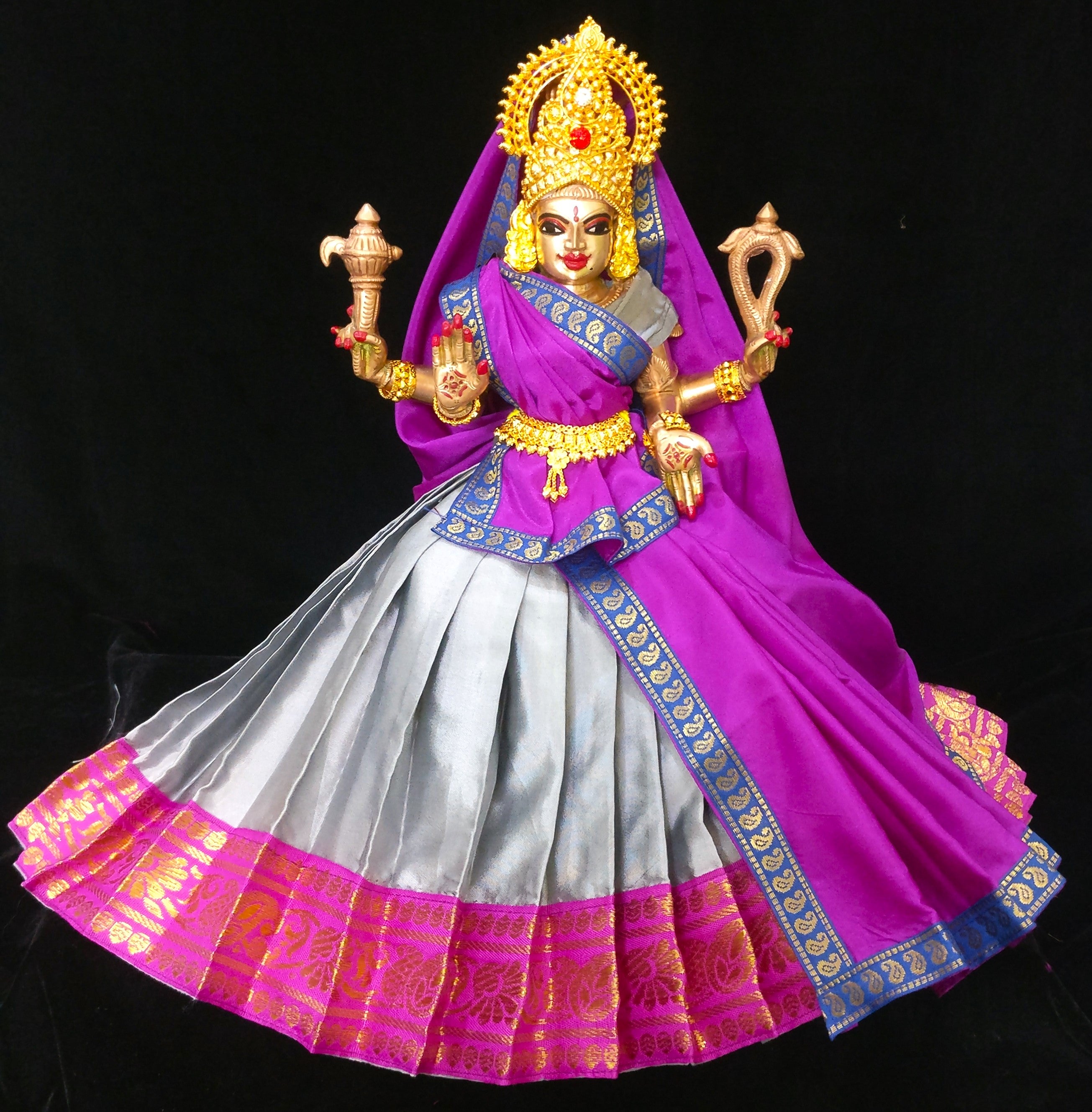 Deity half saree / lehenga patka made of Plain Silk (Not Pure Silk) - Grey Saree with Pink border and Pink Dupatta 1