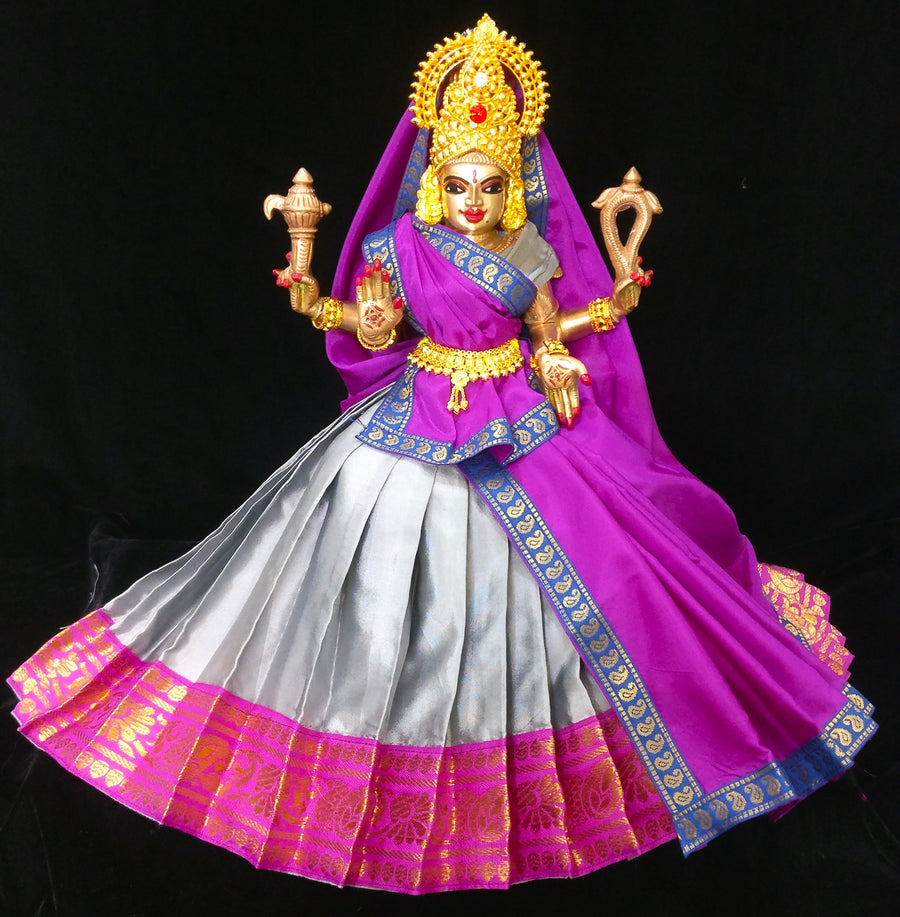 Deity half saree / lehenga patka made of Plain Silk (Not Pure Silk) - Grey Saree with Pink border and Pink Dupatta