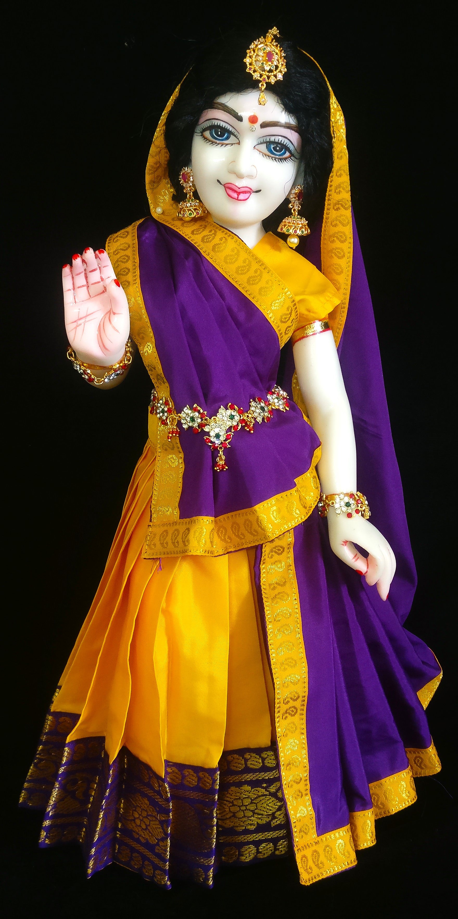 Deity half saree / lehenga patka made of Plain Silk (Not Pure Silk) - Yellow Saree with Purple border and Purple Dupatta 2