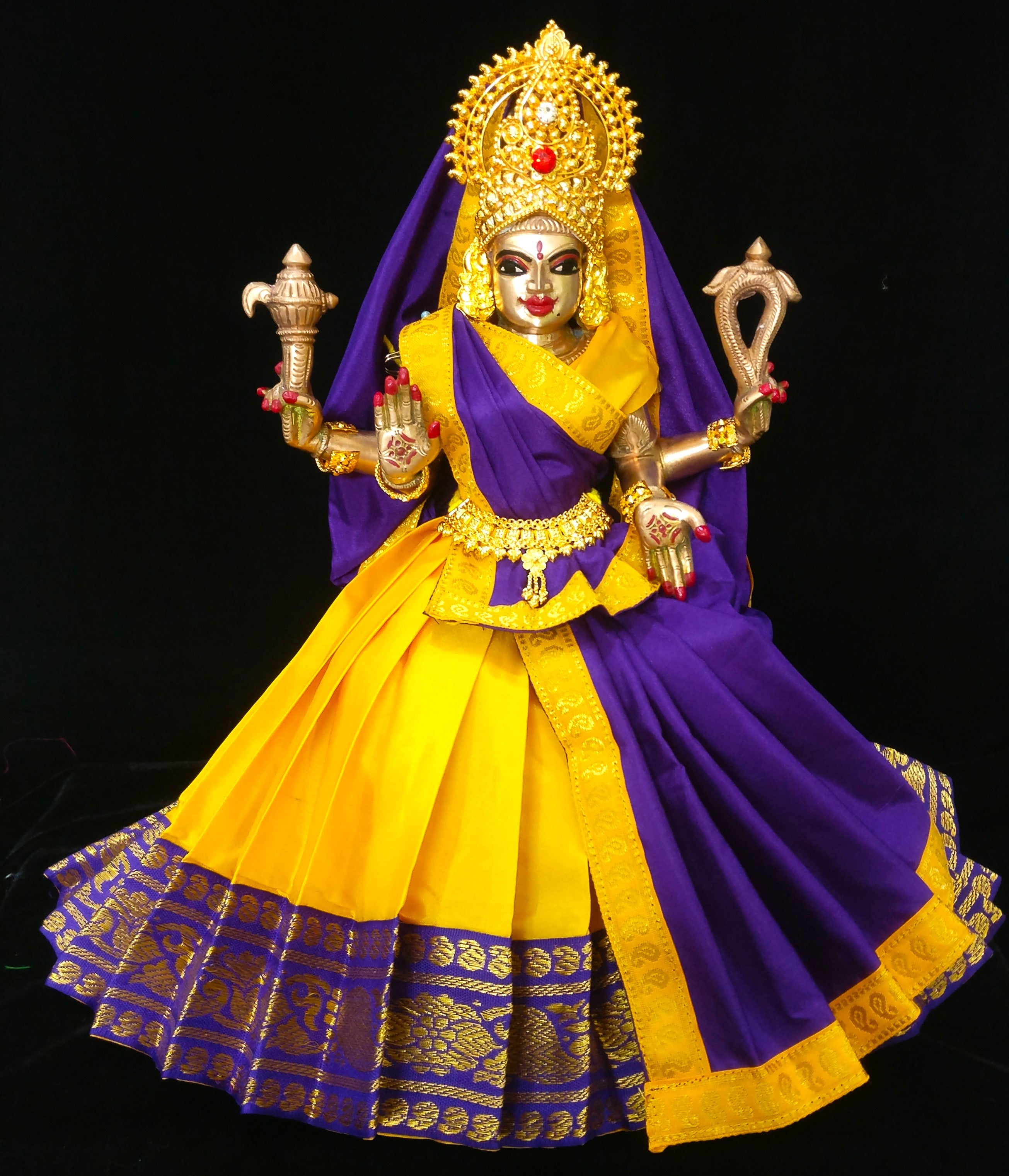 Deity half saree / lehenga patka made of Plain Silk (Not Pure Silk) - Yellow Saree with Purple border and Purple Dupatta 1
