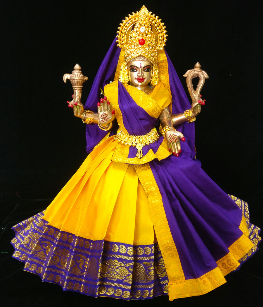 Deity half saree / lehenga patka made of Plain Silk (Not Pure Silk) - Yellow Saree with Purple border and Purple Dupatta