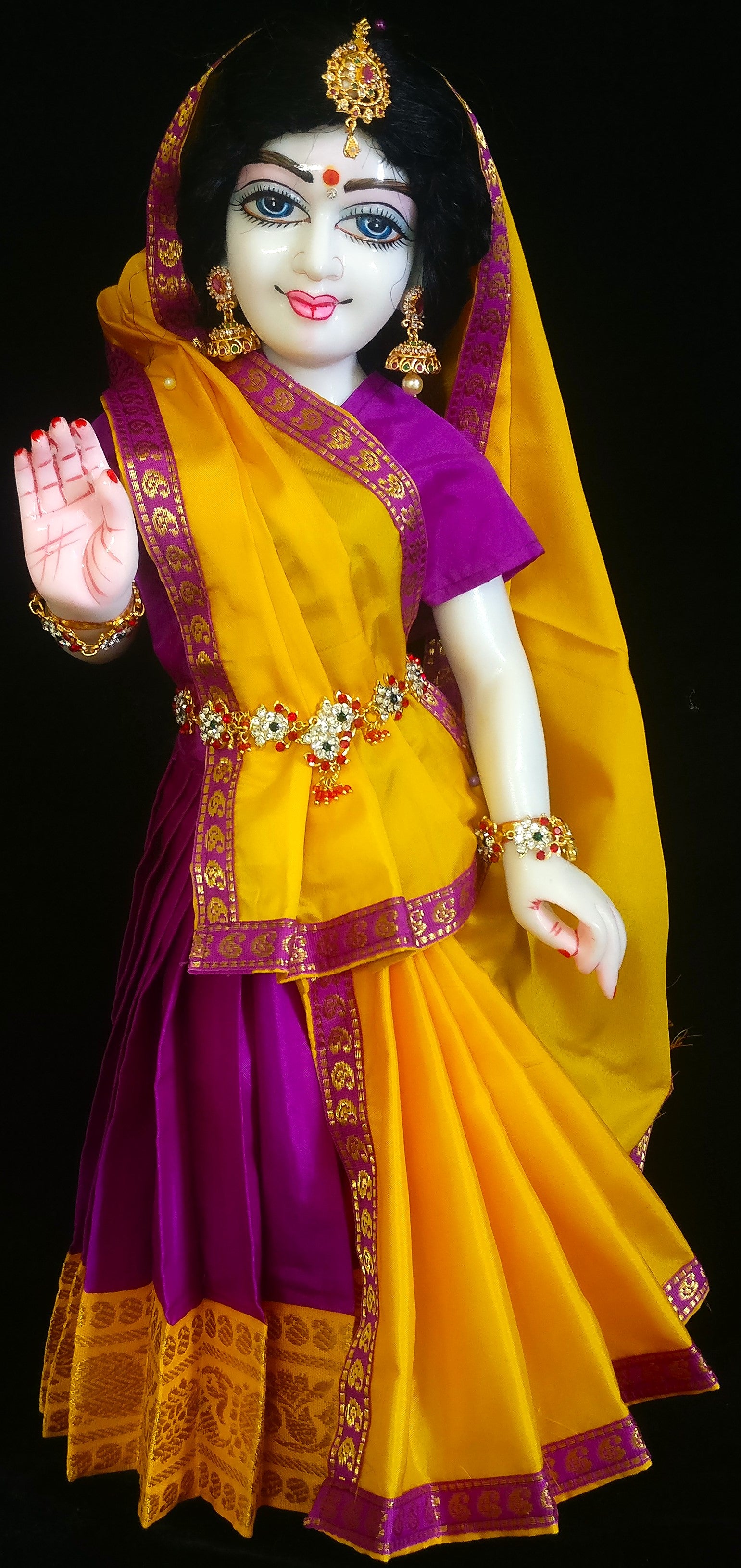 Deity half saree / lehenga patka made of Plain Silk (Not Pure Silk) - Pink Saree with Yellow border and Yellow Dupatta 2