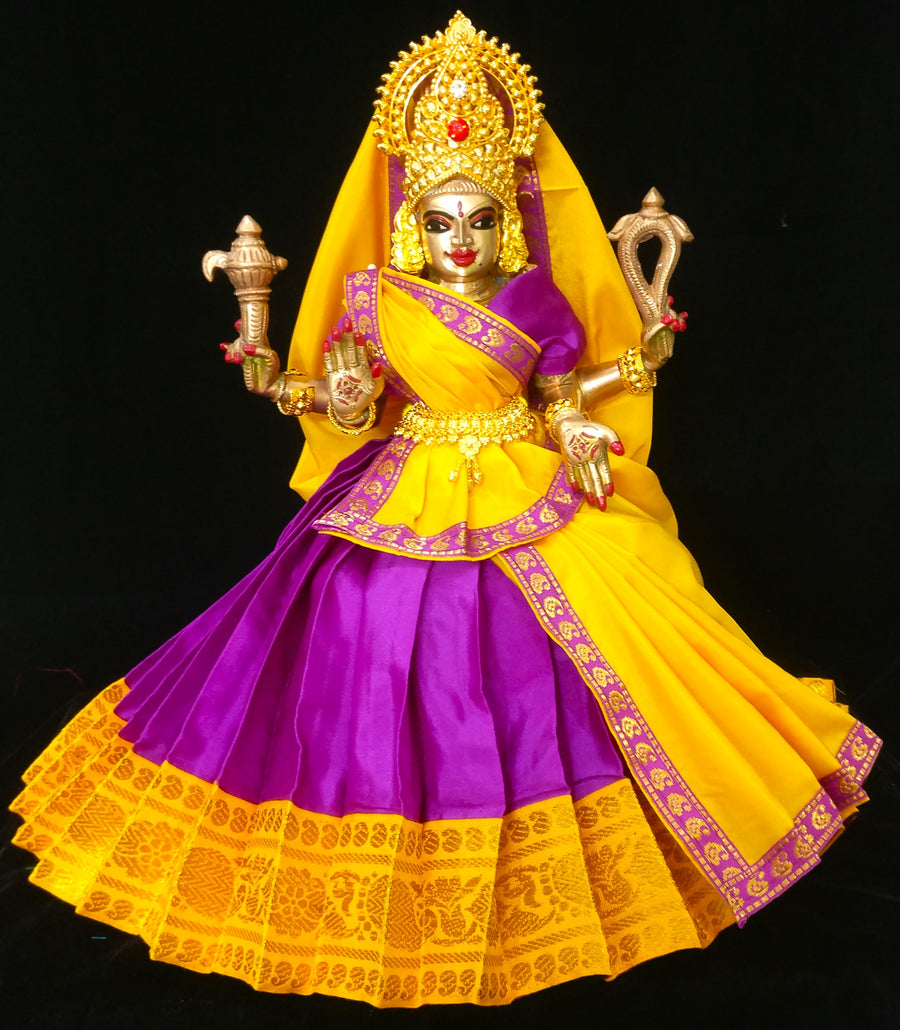 Deity half saree / lehenga patka made of Plain Silk (Not Pure Silk) - Pink Saree with Yellow border and Yellow Dupatta