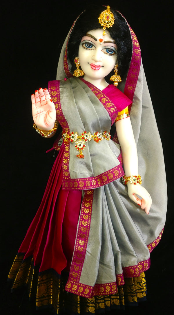 Deity half saree / lehenga patka made of Plain Silk (Not Pure Silk) - Pink Saree with Grey border and Grey Dupatta