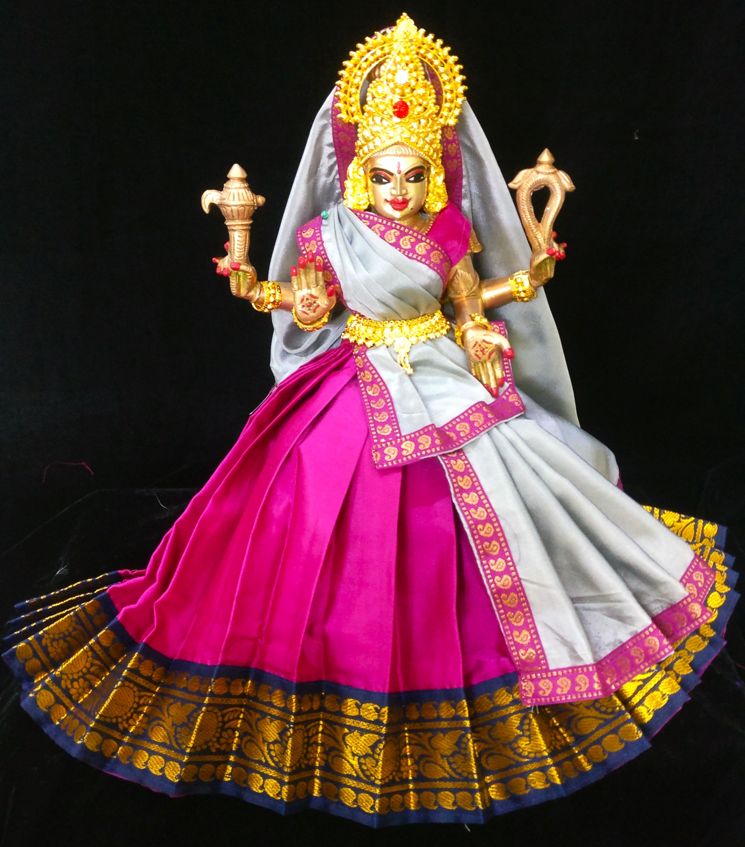 Deity half saree / lehenga patka made of Plain Silk (Not Pure Silk) - Pink Saree with Grey border and Grey Dupatta 2