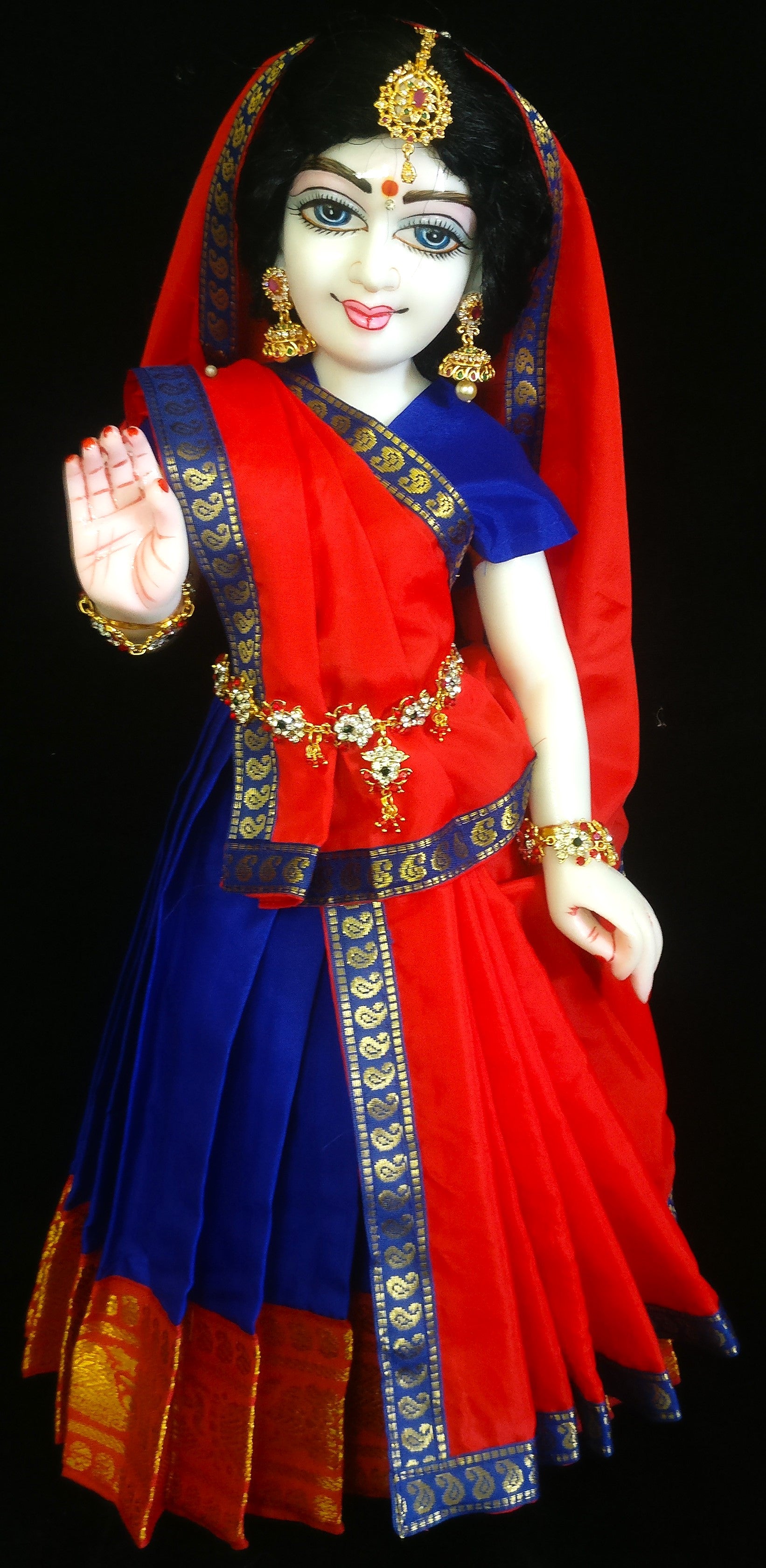 Deity half saree / lehenga patka made of Plain Silk (Not Pure Silk) - Royal Blue Saree with Red border and Red Dupatta 2
