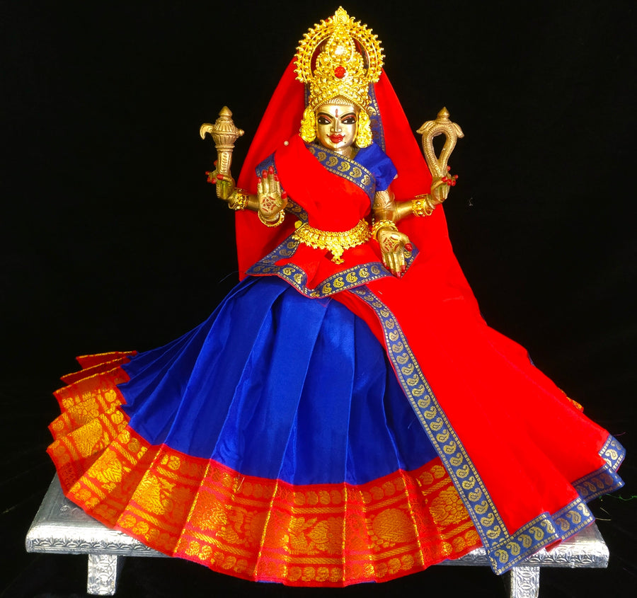 Deity half saree / lehenga patka made of Plain Silk (Not Pure Silk) - Royal Blue Saree with Red border and Red Dupatta