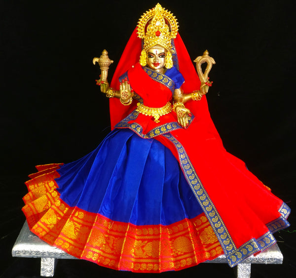 Deity half saree / lehenga patka made of Plain Silk (Not Pure Silk) - Royal Blue Saree with Red  border and Red  Dupatta