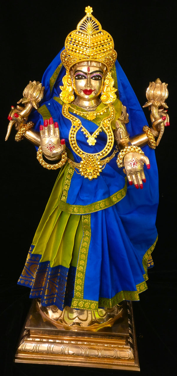 Deity half saree / lehenga patka made of Plain Silk (Not Pure Silk) - Parrot Green Saree with Royal Blue border and Royal Blue Dupatta