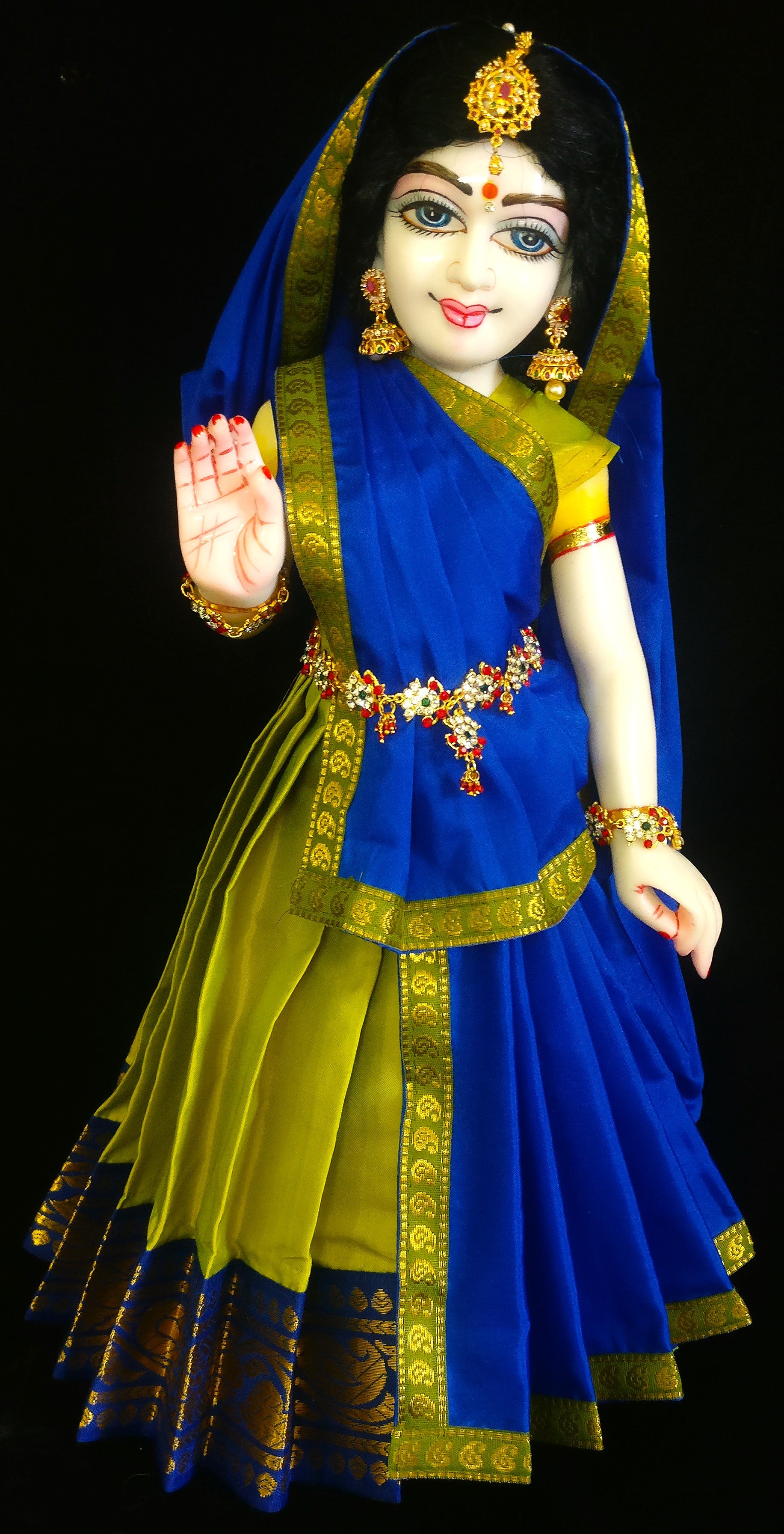 Deity half saree / lehenga patka made of Plain Silk (Not Pure Silk) - Parrot Green Saree with Royal Blue border and Royal Blue Dupatta 2