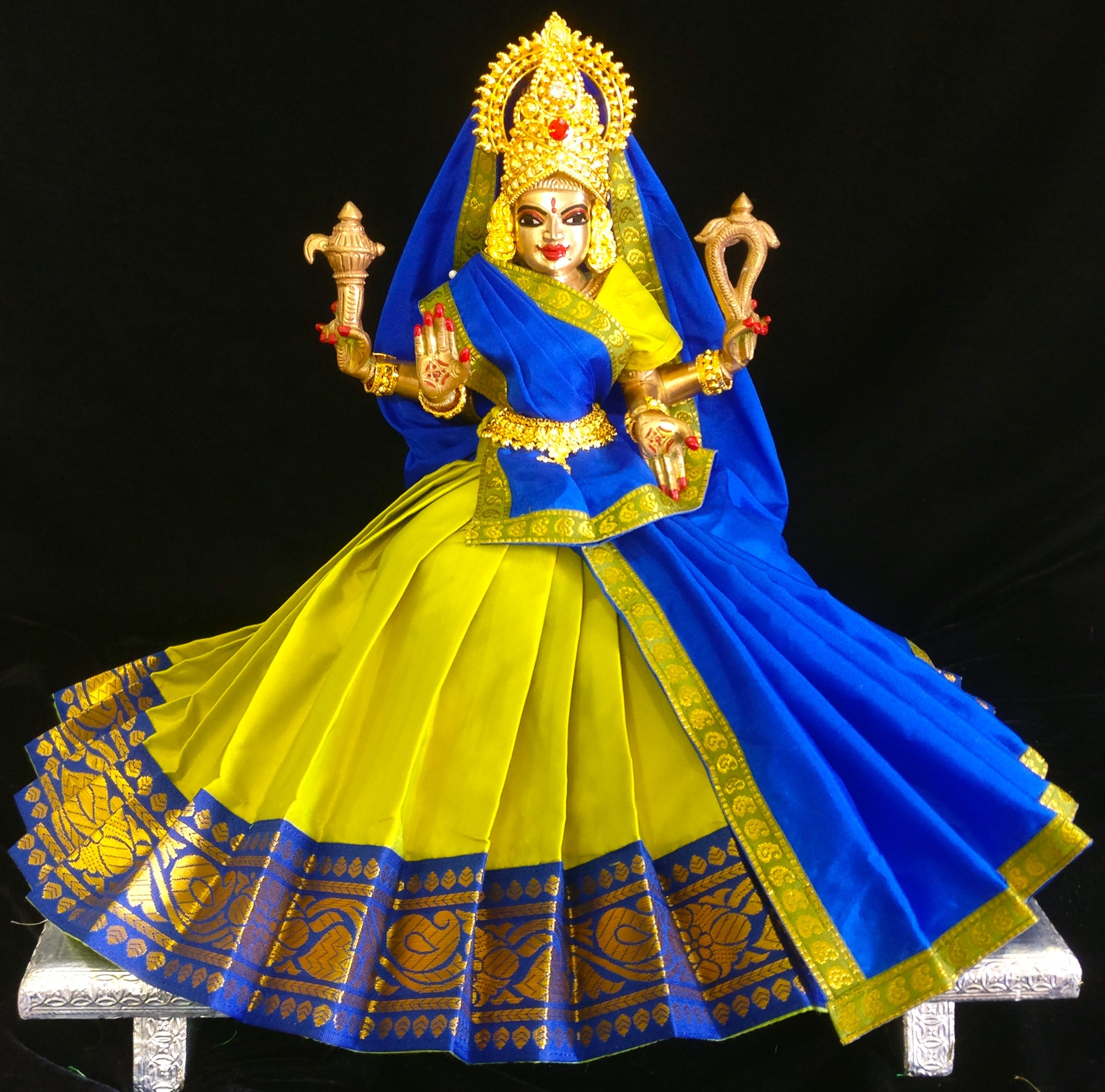 Deity half saree / lehenga patka made of Plain Silk (Not Pure Silk) - Parrot Green Saree with Royal Blue border and Royal Blue Dupatta 3