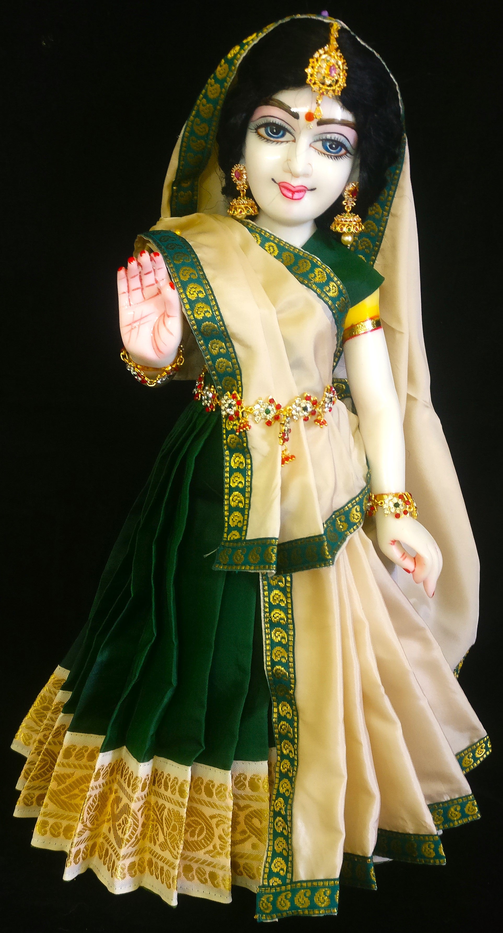 Deity half saree / lehenga patka made of Plain Silk (Not Pure Silk) - Bottle Green Saree with Off White border and Off White Dupatta 2