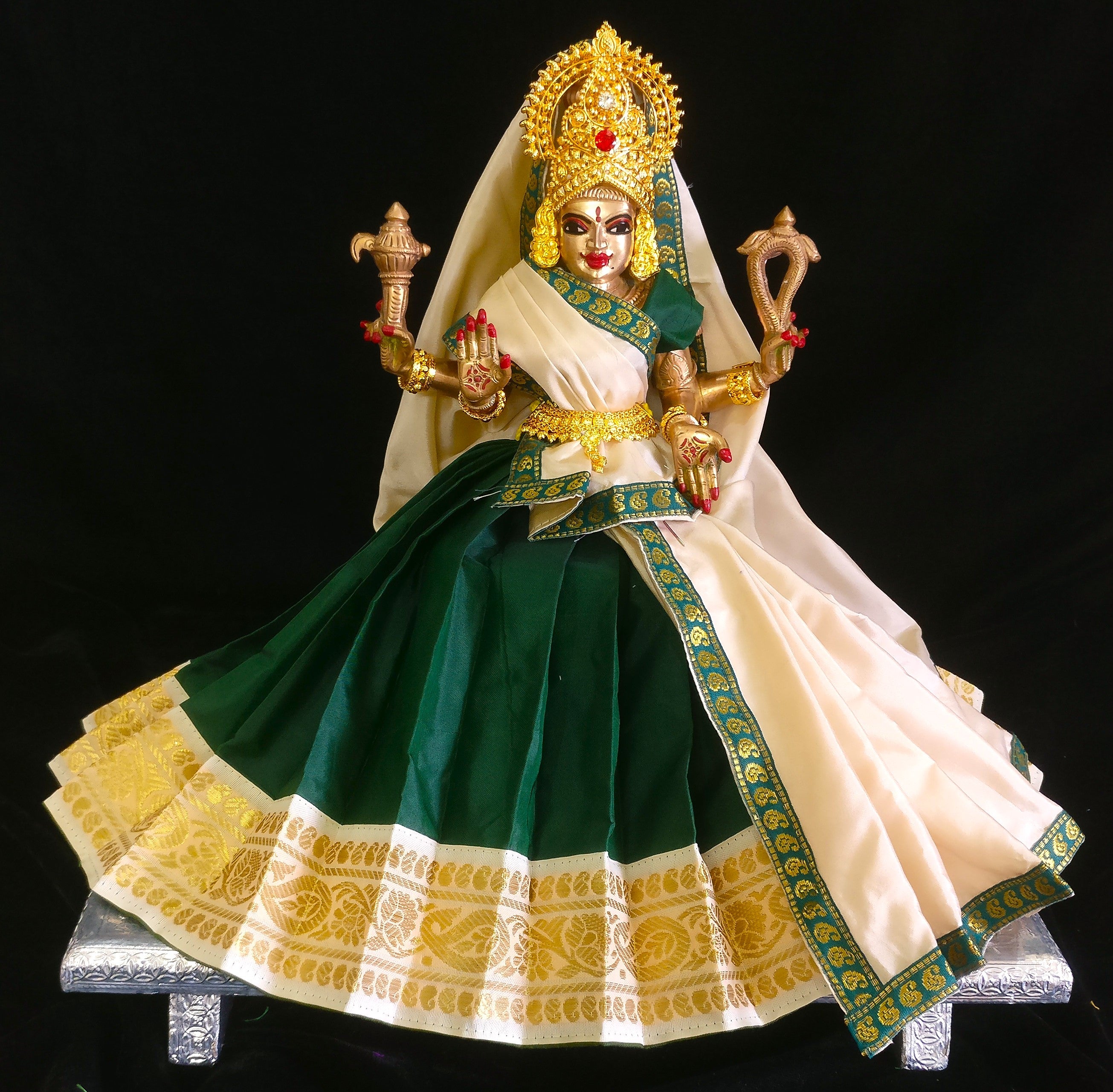 Deity half saree / lehenga patka made of Plain Silk (Not Pure Silk) - Bottle Green Saree with Off White border and Off White Dupatta 1