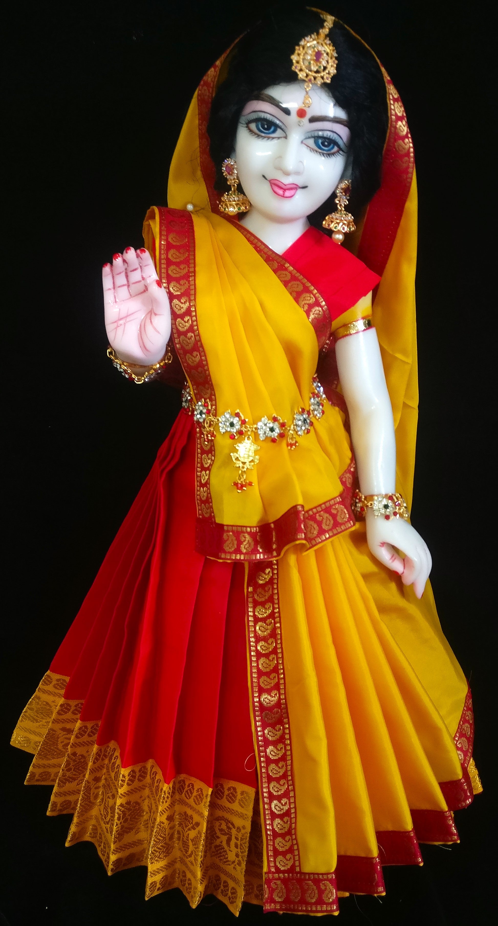 Deity half saree / lehenga patka made of Plain Silk (Not Pure Silk) - Red Saree with Yellow border and Yellow Dupatta 1