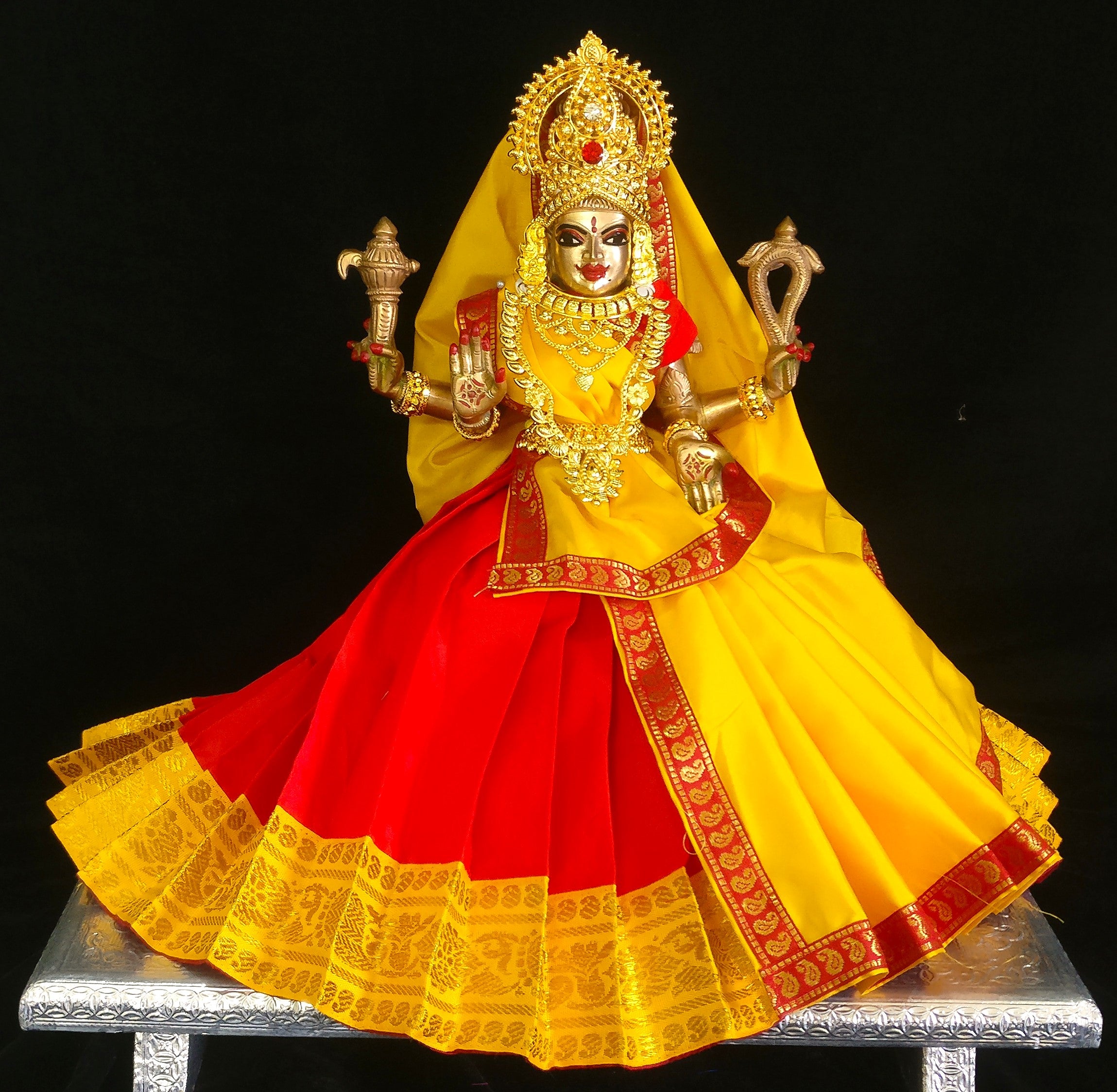 Deity half saree / lehenga patka made of Plain Silk (Not Pure Silk) - Red Saree with Yellow border and Yellow Dupatta 2