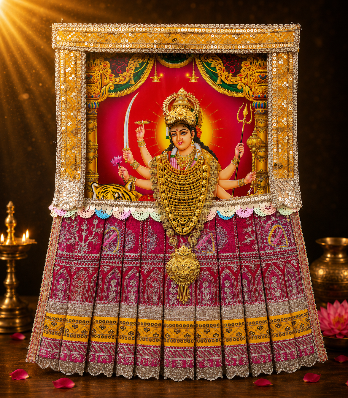 Devi Photo Frame Alankaram Set made of Premium sequence work on Chiffon, Dola Pure silk - Red Dress with Yellow border and Yellow upper drape 1