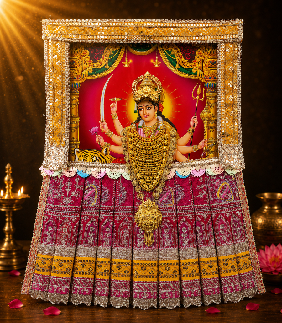 Devi Photo Frame Alankaram Set made of Premium sequence work on Chiffon, Dola Pure silk - Red Dress with Yellow border and Yellow upper drape