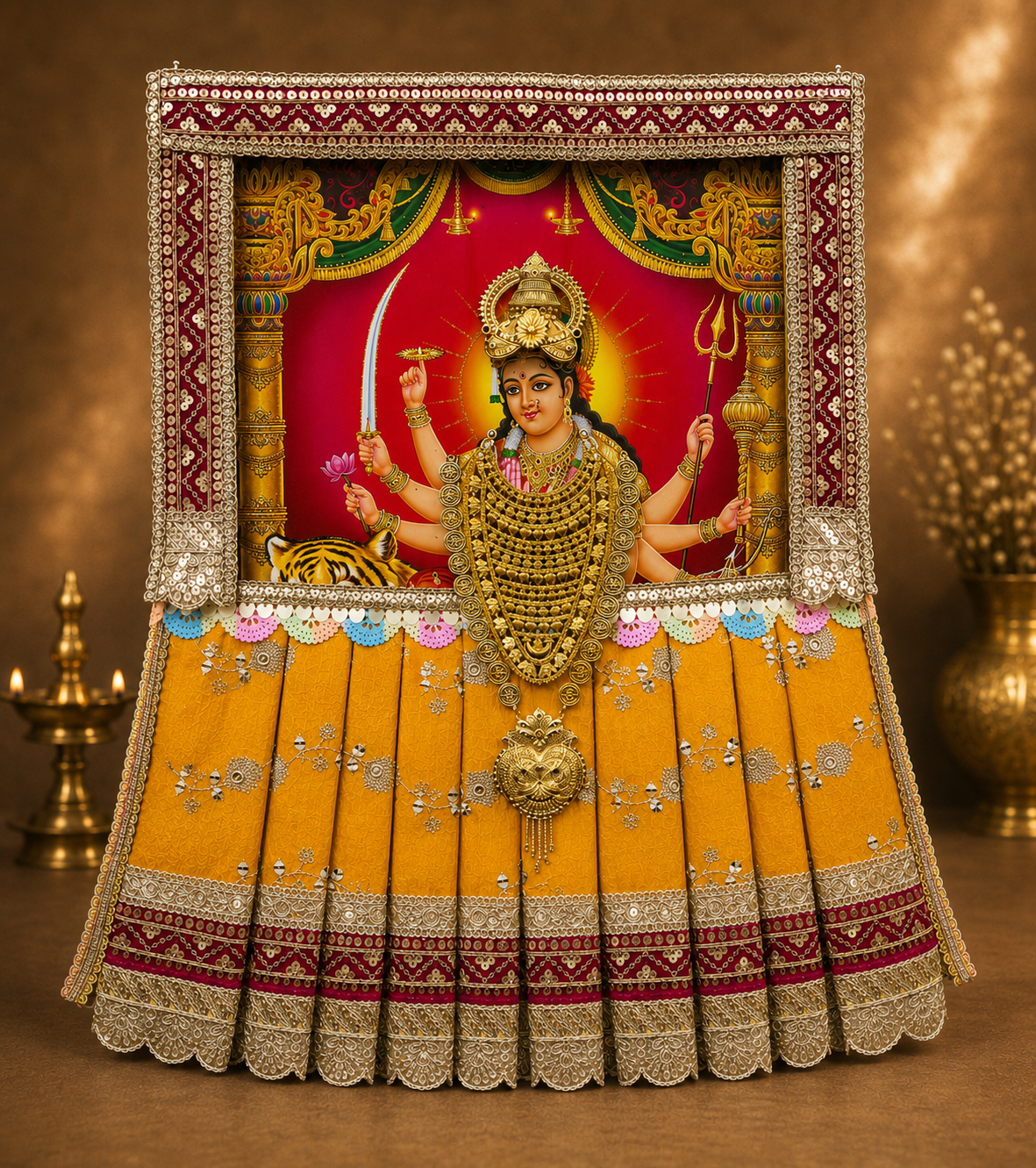 Devi Photo Frame Alankaram Set made of Premium sequence work on Chiffon, Dola Pure silk - Yellow Dress with Pink border and Pink upper drape 1