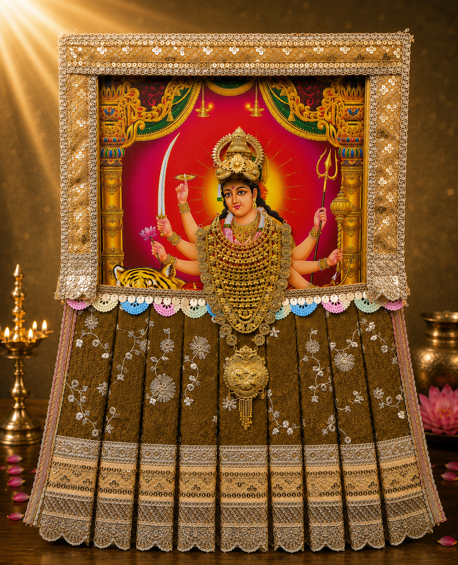Devi Photo Frame Alankaram Set made of Premium sequence work on Chiffon, Dola Pure silk - Sap Green Dress with Beige border and Beige upper drape