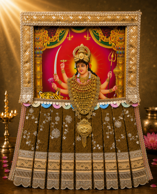 Devi Photo Frame Alankaram Set made of Premium sequence work on Chiffon, Dola Pure silk - Sap Green Dress with Beige border and Beige upper drape