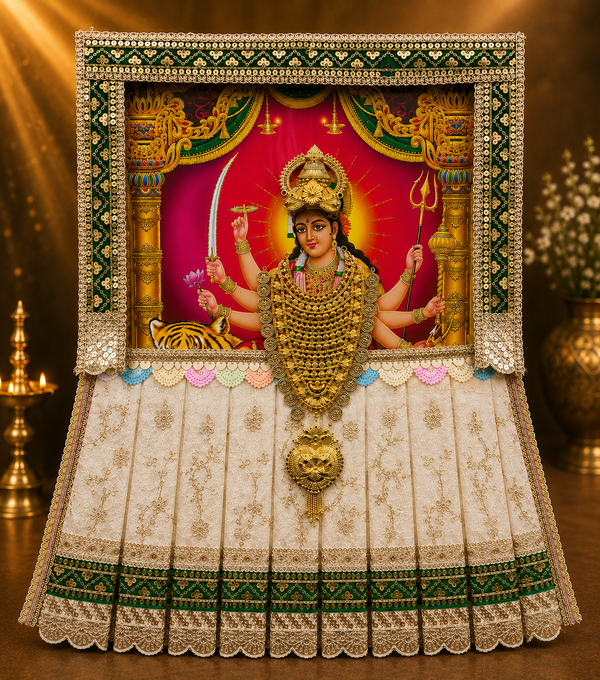 Devi Photo Frame Alankaram Set made of Premium sequence work on Chiffon, Dola Pure silk - Off White Dress with Green border and Green upper drape