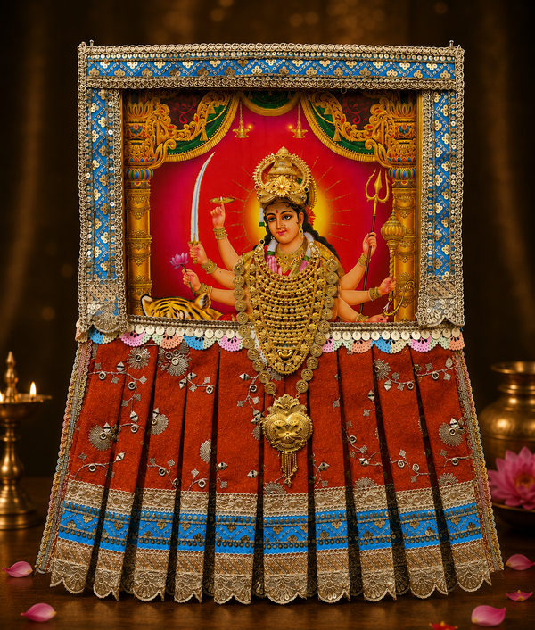 Devi Photo Frame Alankaram Set made of Premium sequence work on Chiffon, Dola Pure silk - Deep Orange Dress with Sky Blue border and Sky Blue upper drape