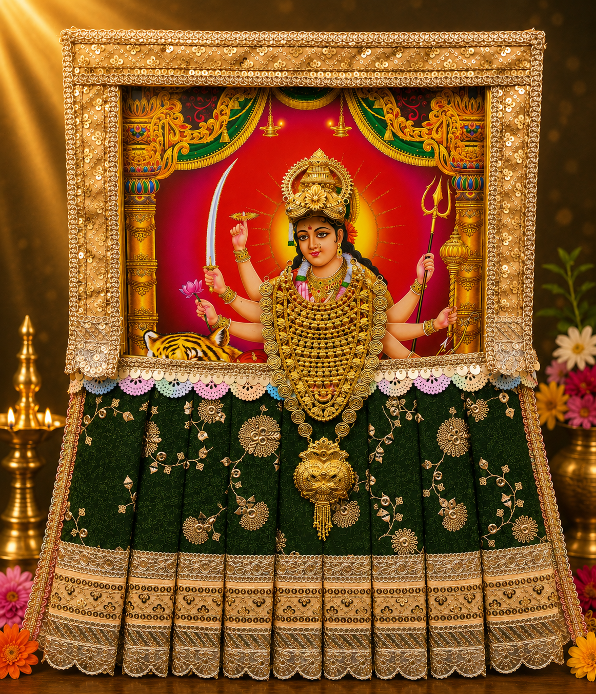 Devi Photo Frame Alankaram Set made of Premium sequence work on Chiffon, Dola Pure silk - Bottle Green Dress with Beige border and Beige upper drape 1