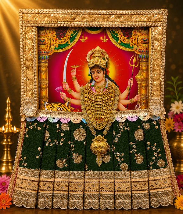 Devi Photo Frame Alankaram Set made of Premium sequence work on Chiffon, Dola Pure silk - Bottle Green Dress with Beige border and Beige upper drape