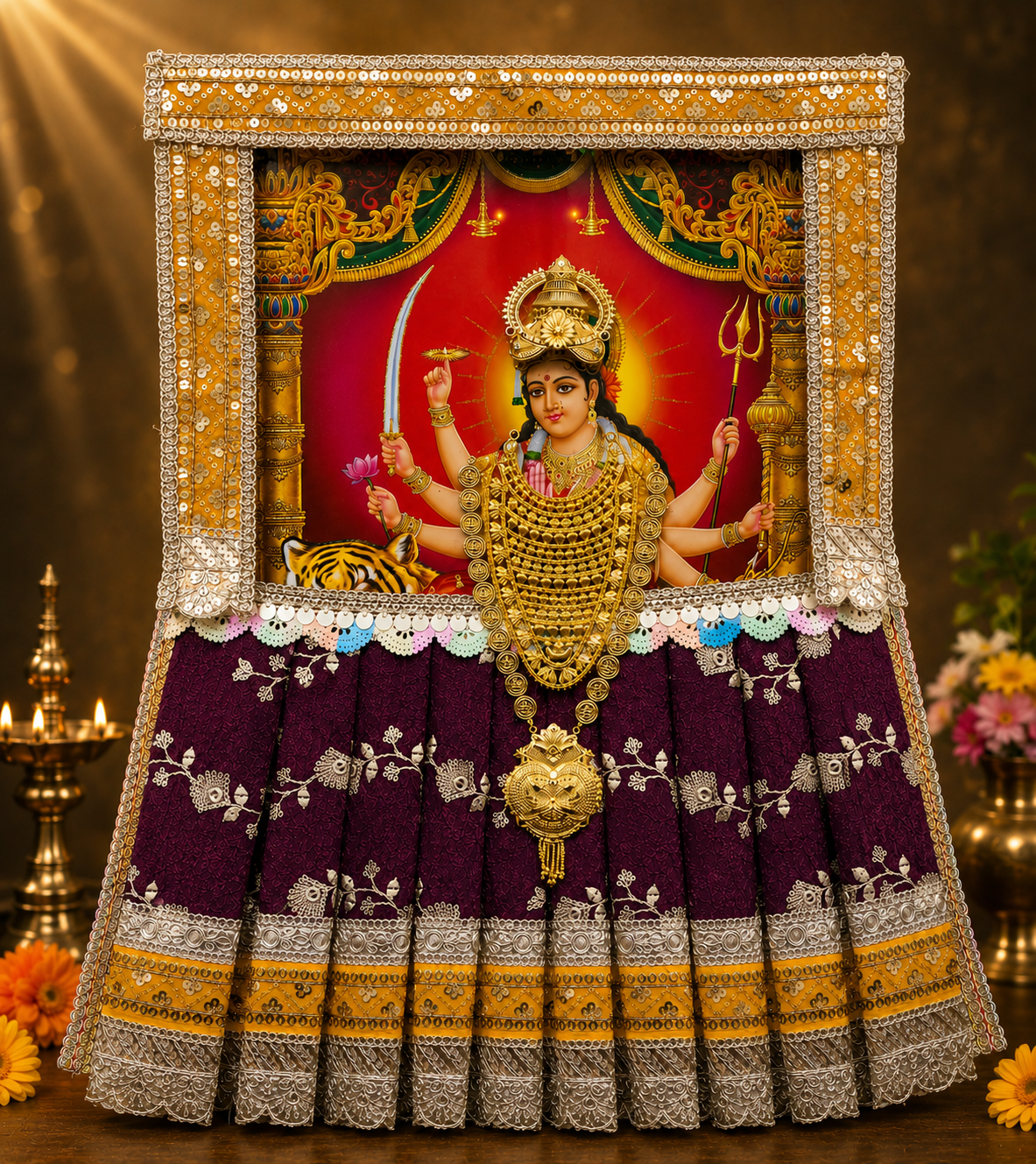 Devi Photo Frame Alankaram Set made of Premium sequence work on Chiffon, Dola Pure silk - Wine colour Dress with Yellow border and Yellow upper drape 1