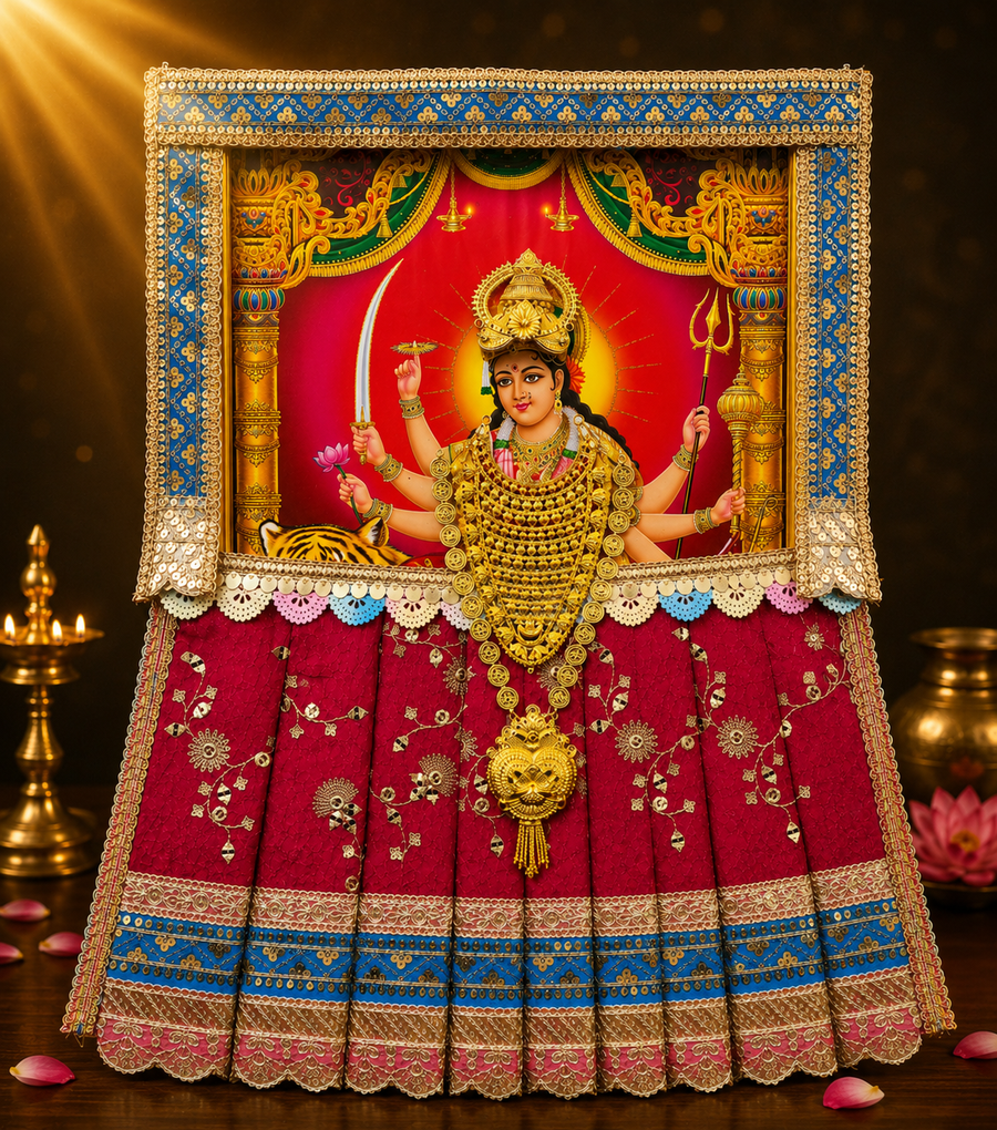 Devi Photo Frame Alankaram Set made of Premium sequence work on Chiffon, Dola Pure silk - Dark Pink Dress with Sky Blue border and Sky Blue upper drape